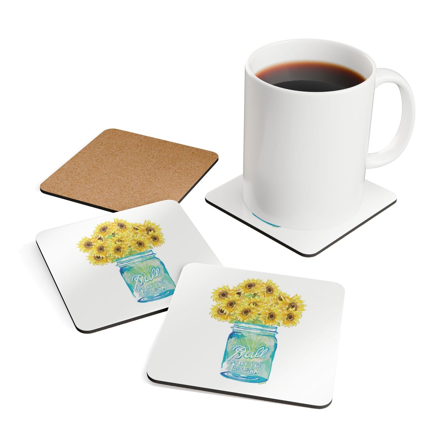 Sunflower Mason Jar Corkwood Coaster Set - Blue Cava
