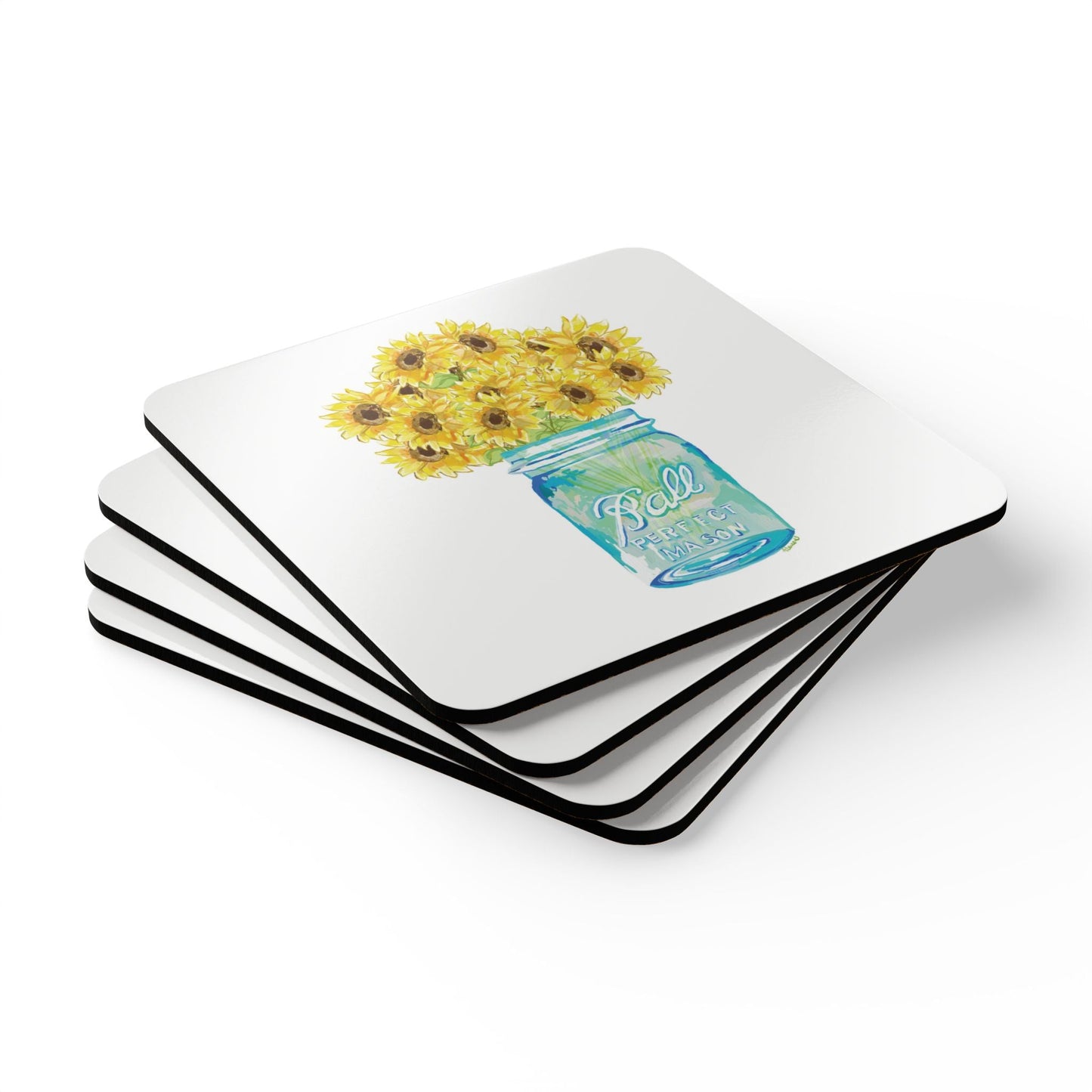 Sunflower Mason Jar Corkwood Coaster Set - Blue Cava