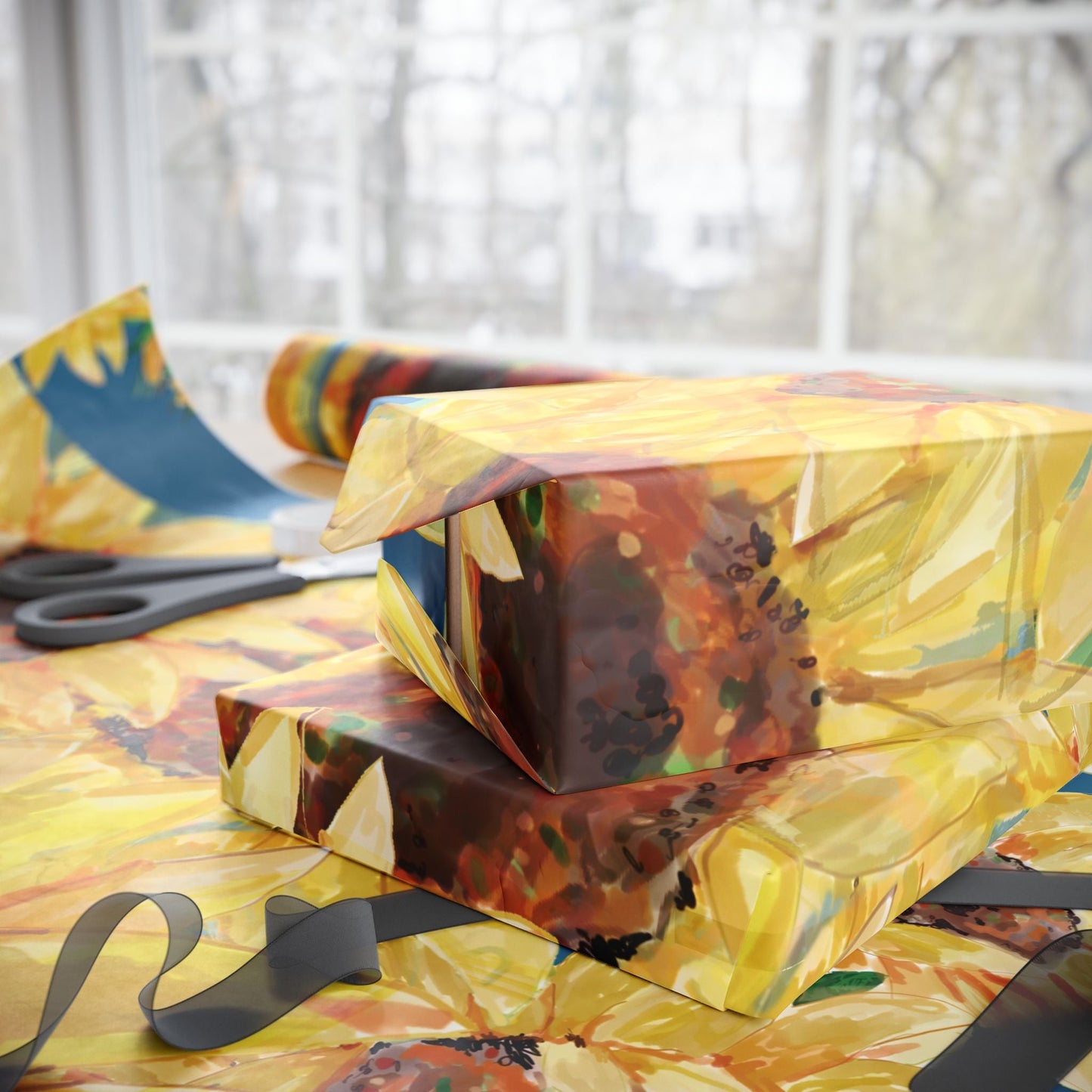 Sunflower Wrapping Paper Roll – Eco - Friendly Gift Packaging - Blue Cava