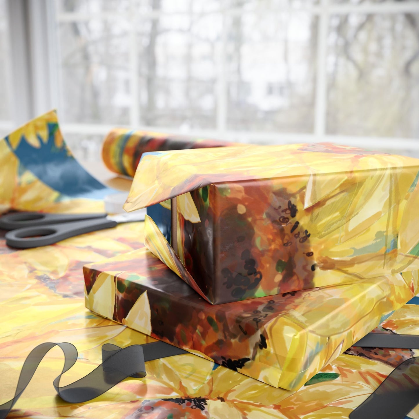 Sunflower Wrapping Paper Roll – Eco - Friendly Gift Packaging - Blue Cava