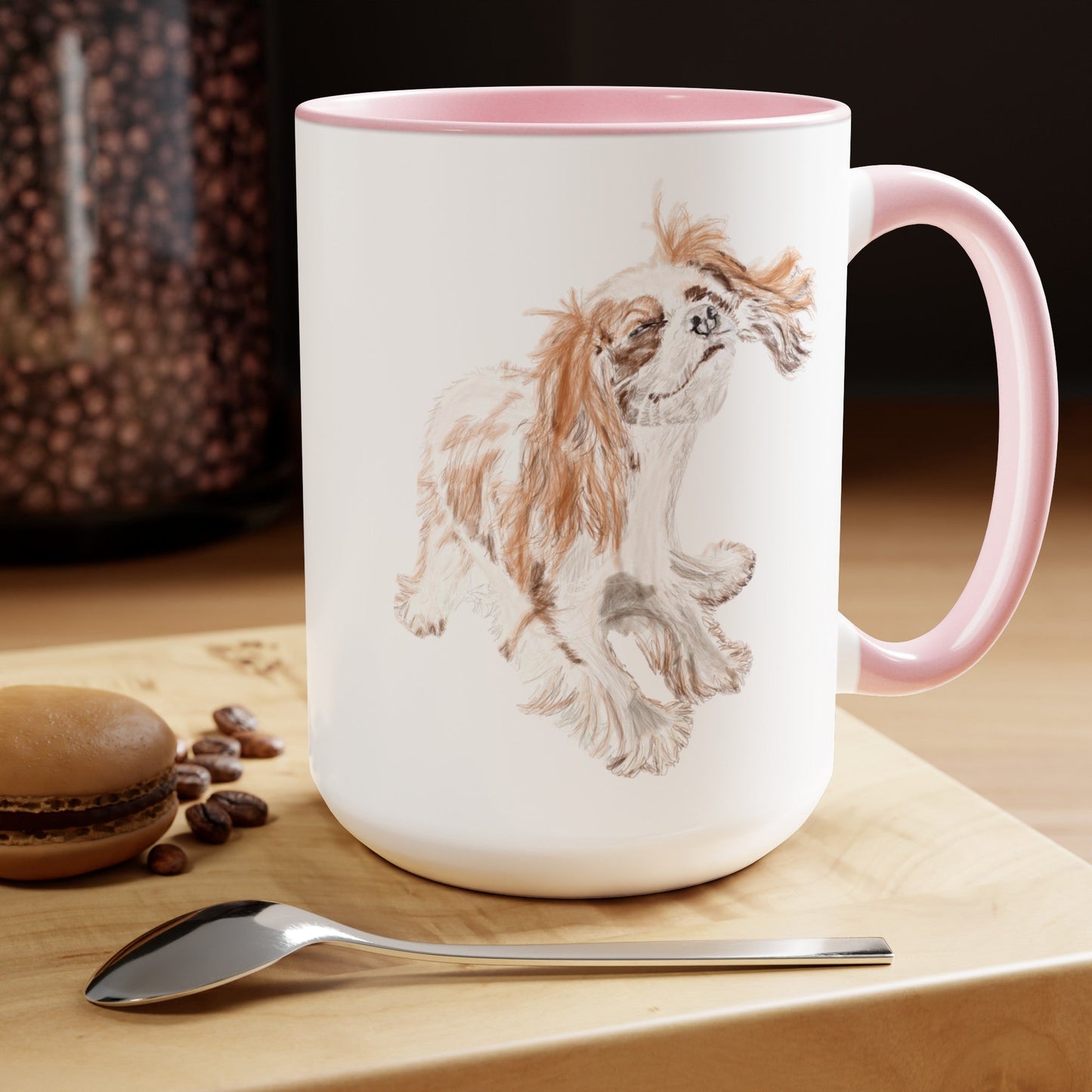 “Teddy” King Charles Puppy Two-Tone Coffee Mugs, 15oz - Blue Cava
