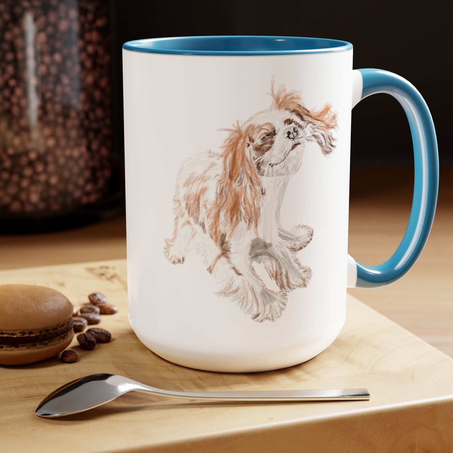“Teddy” King Charles Puppy Two-Tone Coffee Mugs, 15oz - Blue Cava
