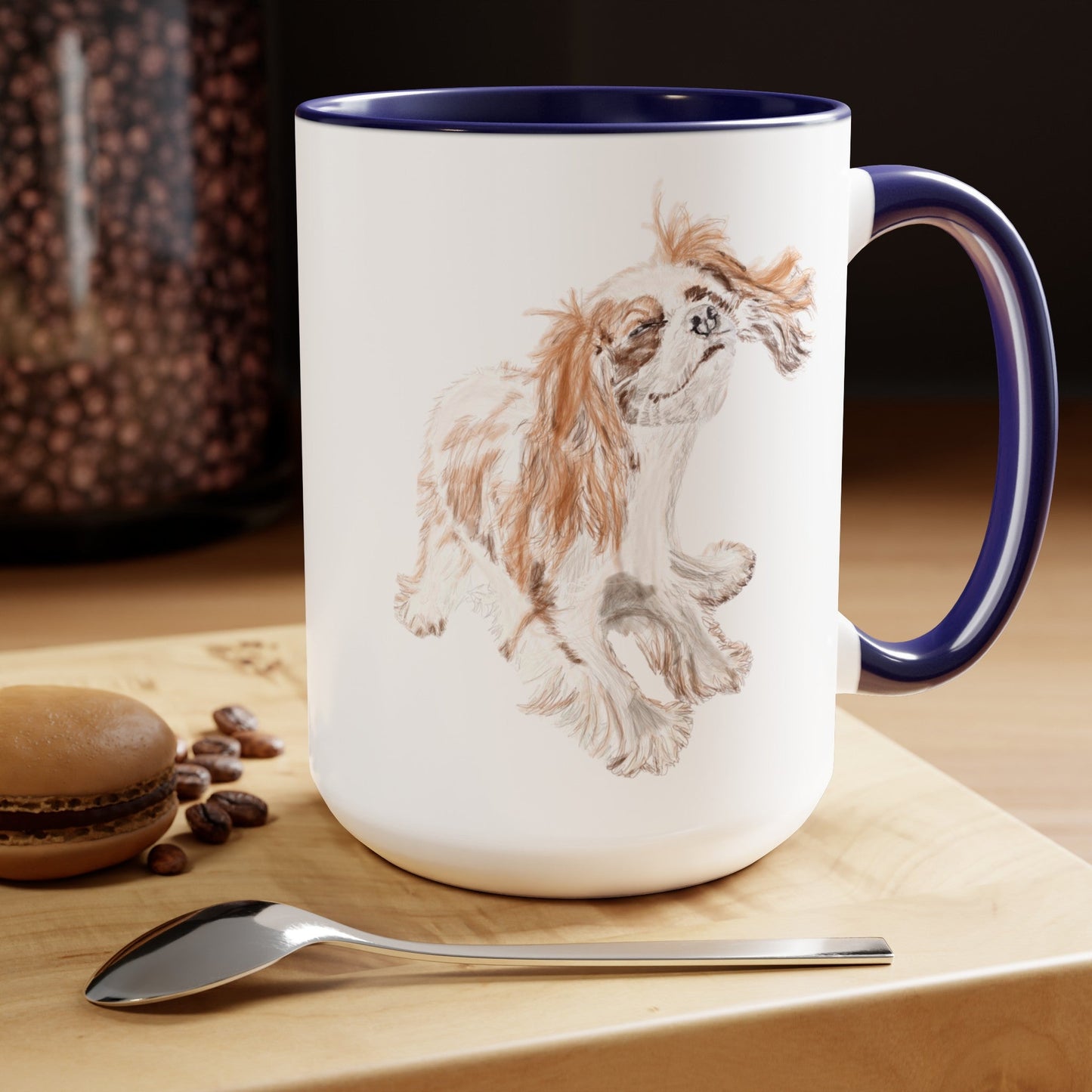“Teddy” King Charles Puppy Two-Tone Coffee Mugs, 15oz - Blue Cava