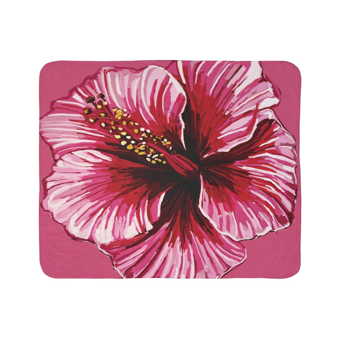 Tropical Floral Hibiscus Fleece Sherpa Blanket - Blue Cava