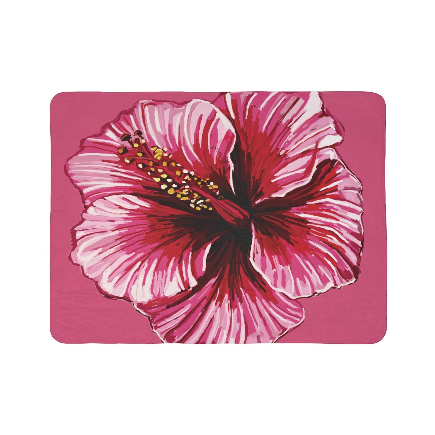 Tropical Floral Hibiscus Fleece Sherpa Blanket - Blue Cava