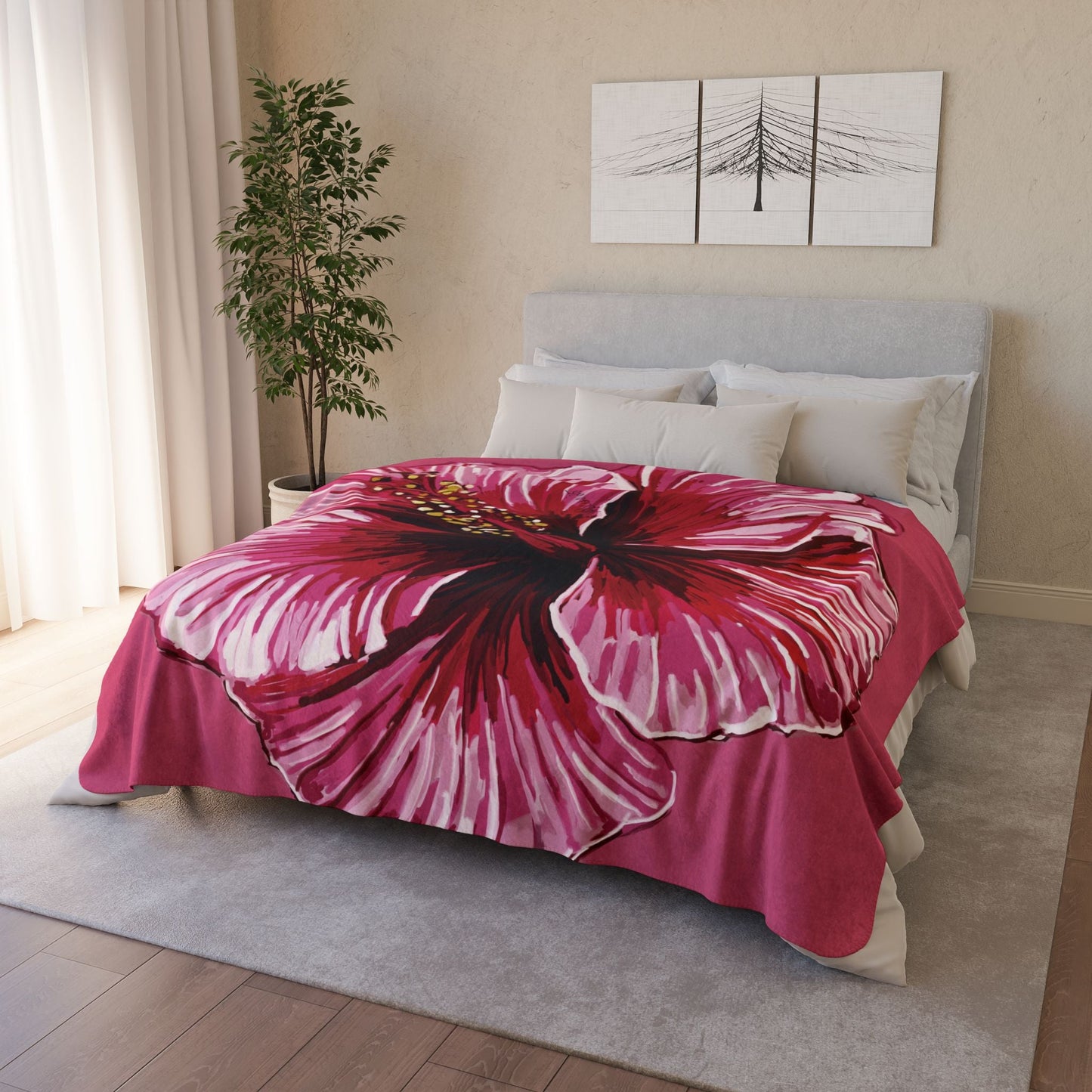 Tropical Floral Hibiscus Fleece Sherpa Blanket - Blue Cava