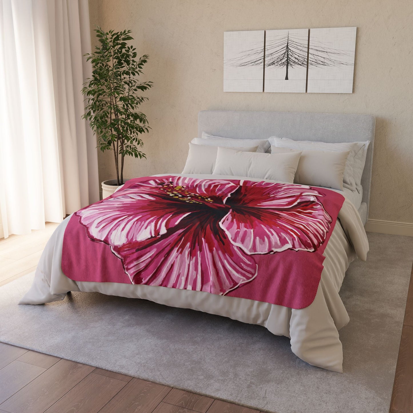 Tropical Floral Hibiscus Fleece Sherpa Blanket - Blue Cava