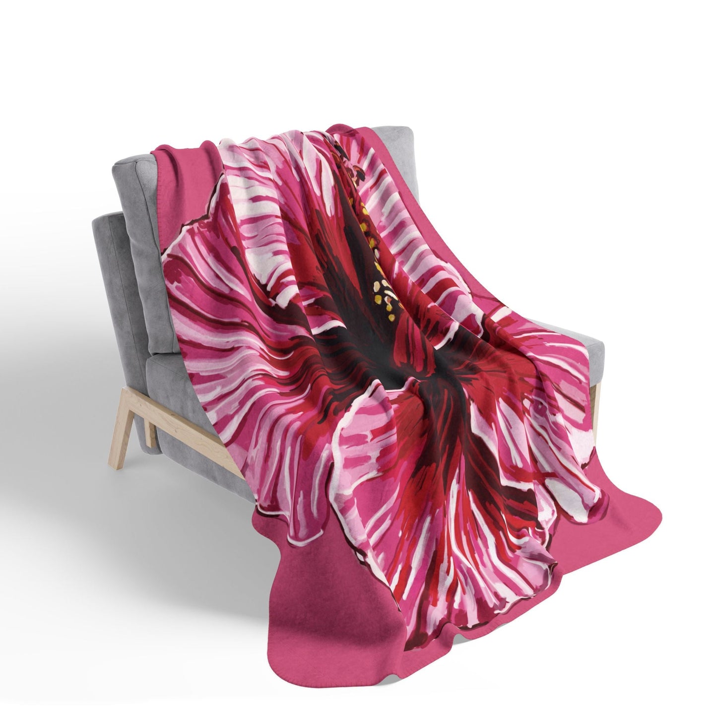 Tropical Floral Hibiscus Fleece Sherpa Blanket - Blue Cava