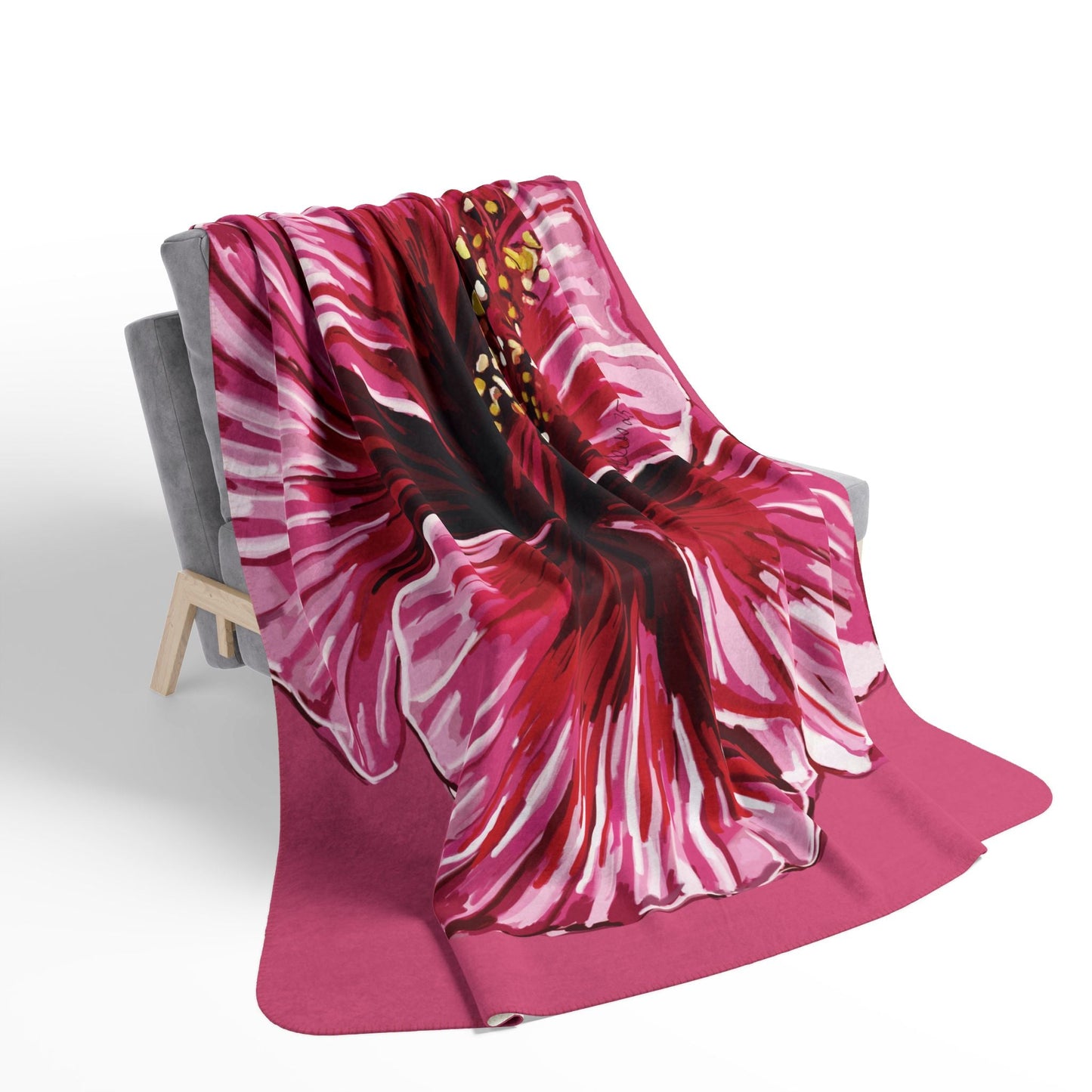 Tropical Floral Hibiscus Fleece Sherpa Blanket - Blue Cava