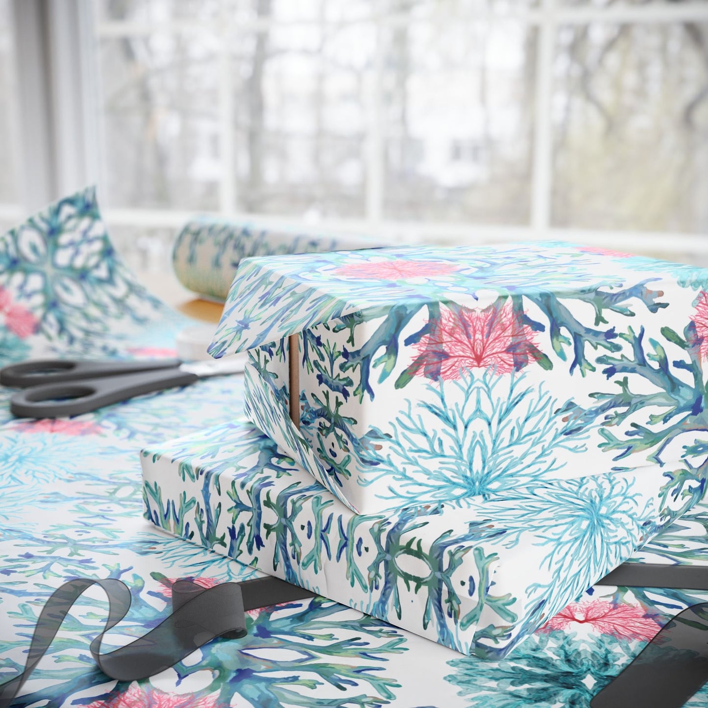Vibrant Coral Wrapping Paper - Colorful, Eco - Friendly Wrapping Paper - Blue Cava