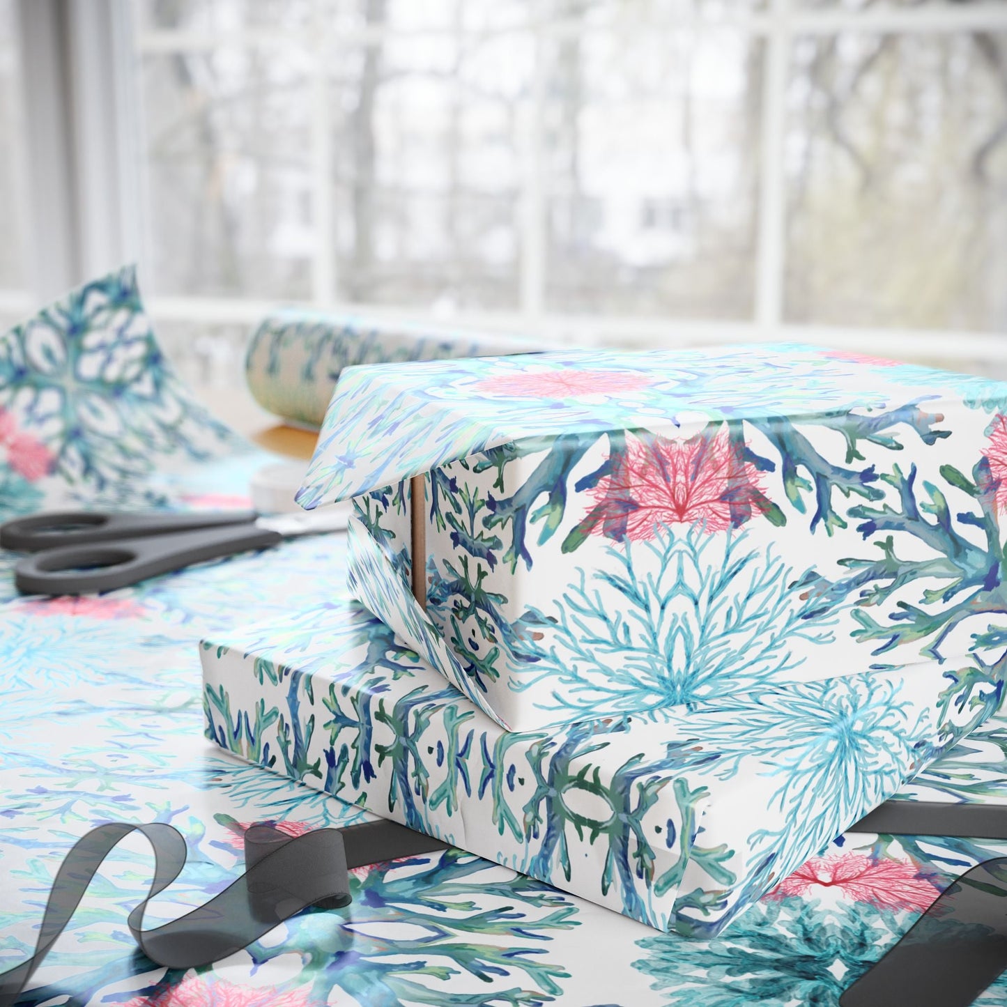 Vibrant Coral Wrapping Paper - Colorful, Eco - Friendly Wrapping Paper - Blue Cava