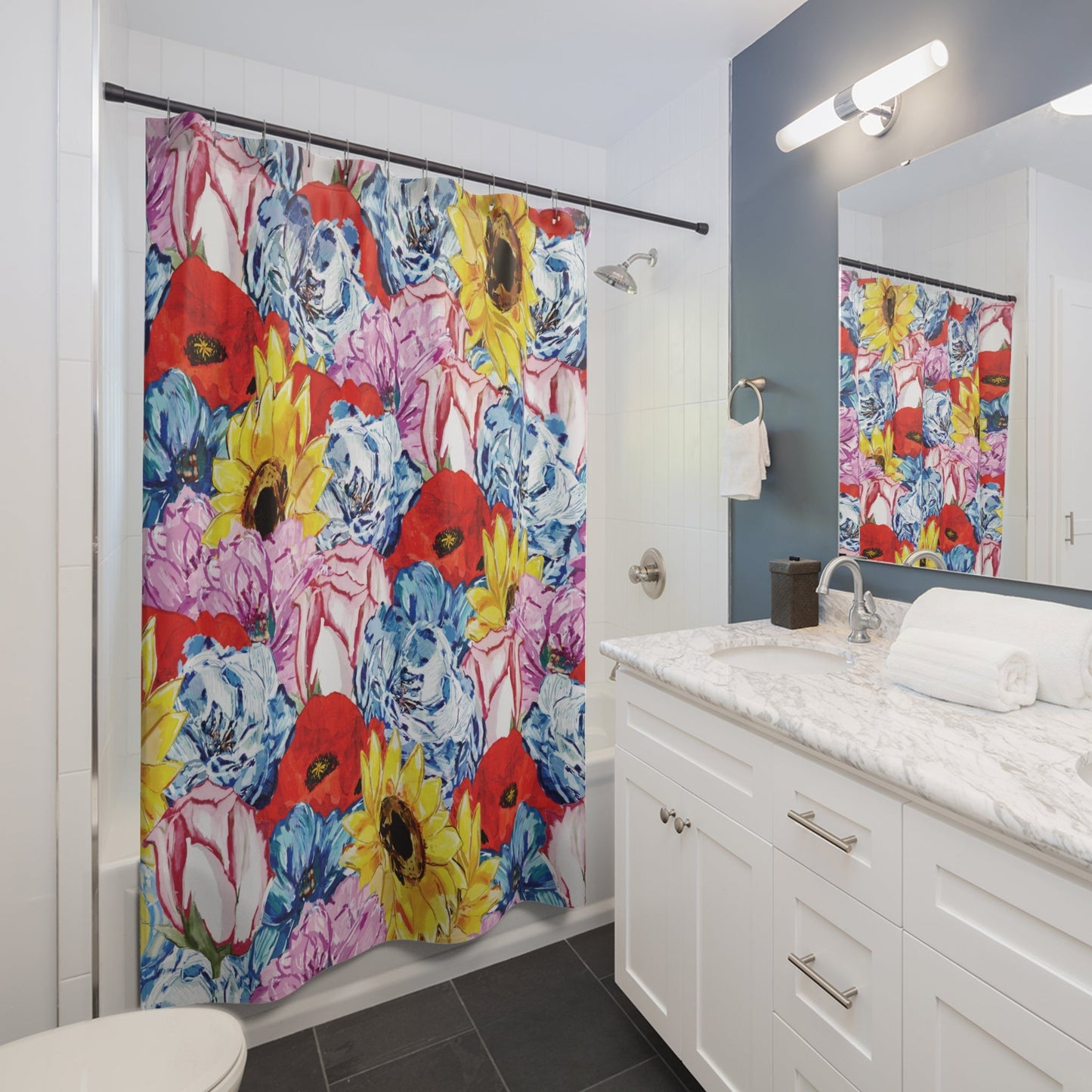Vibrant Floral Shower Curtain - Brighten Your Bathroom Decor - Blue Cava