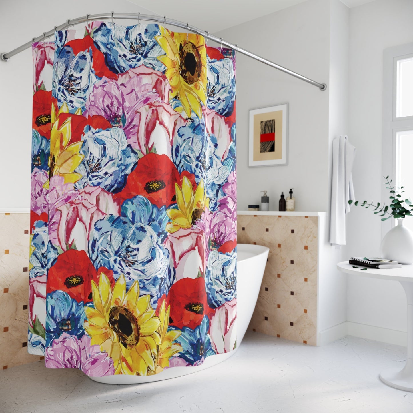 Vibrant Floral Shower Curtain - Brighten Your Bathroom Decor - Blue Cava