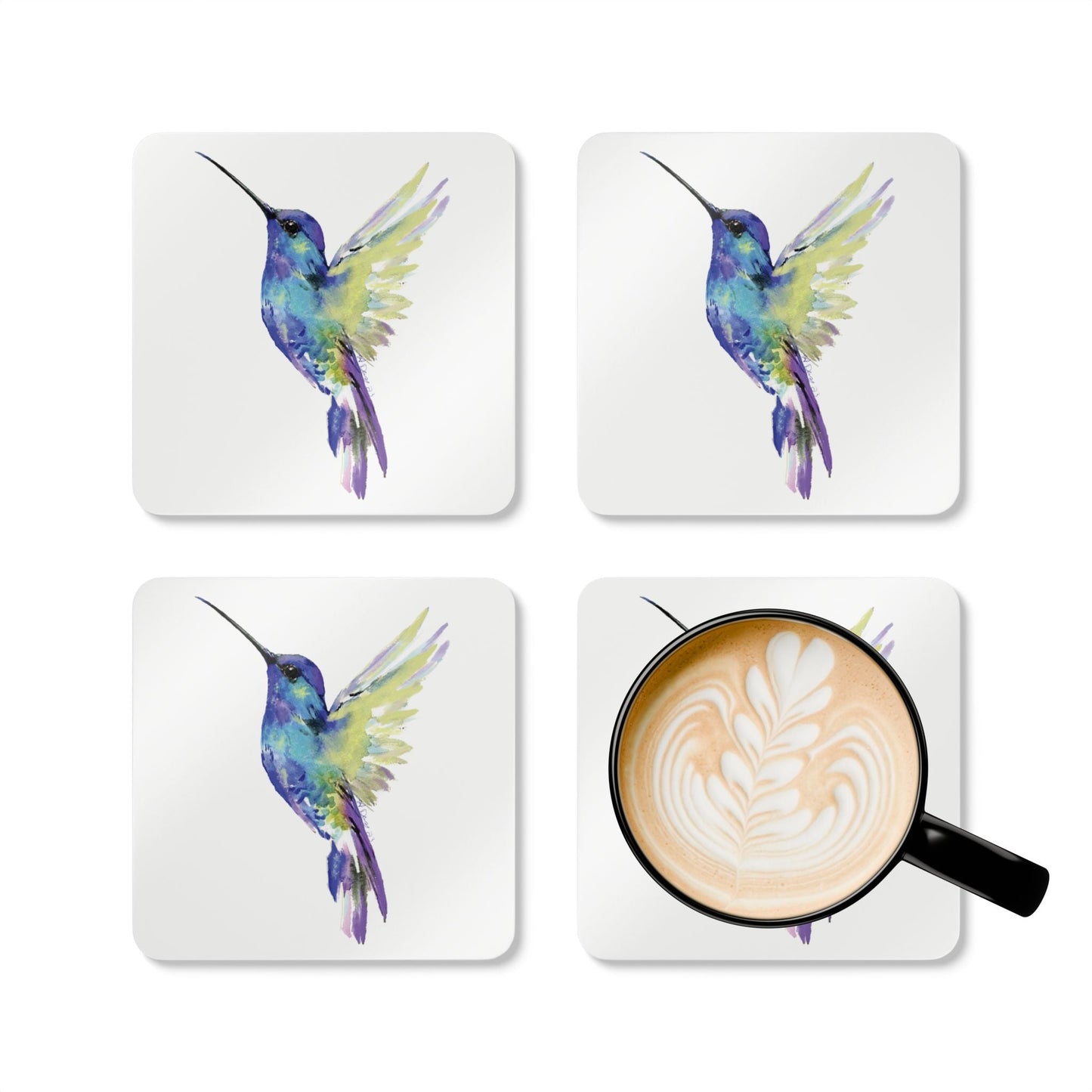 Vibrant Hummingbird Cork Coaster Set - Eco - Friendly Drinkware Decor - Blue Cava