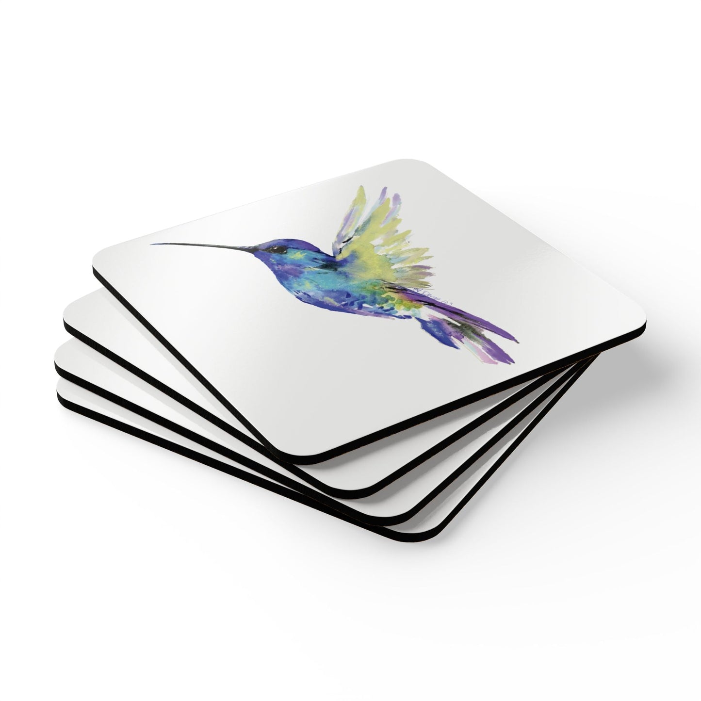 Vibrant Hummingbird Cork Coaster Set - Eco - Friendly Drinkware Decor - Blue Cava