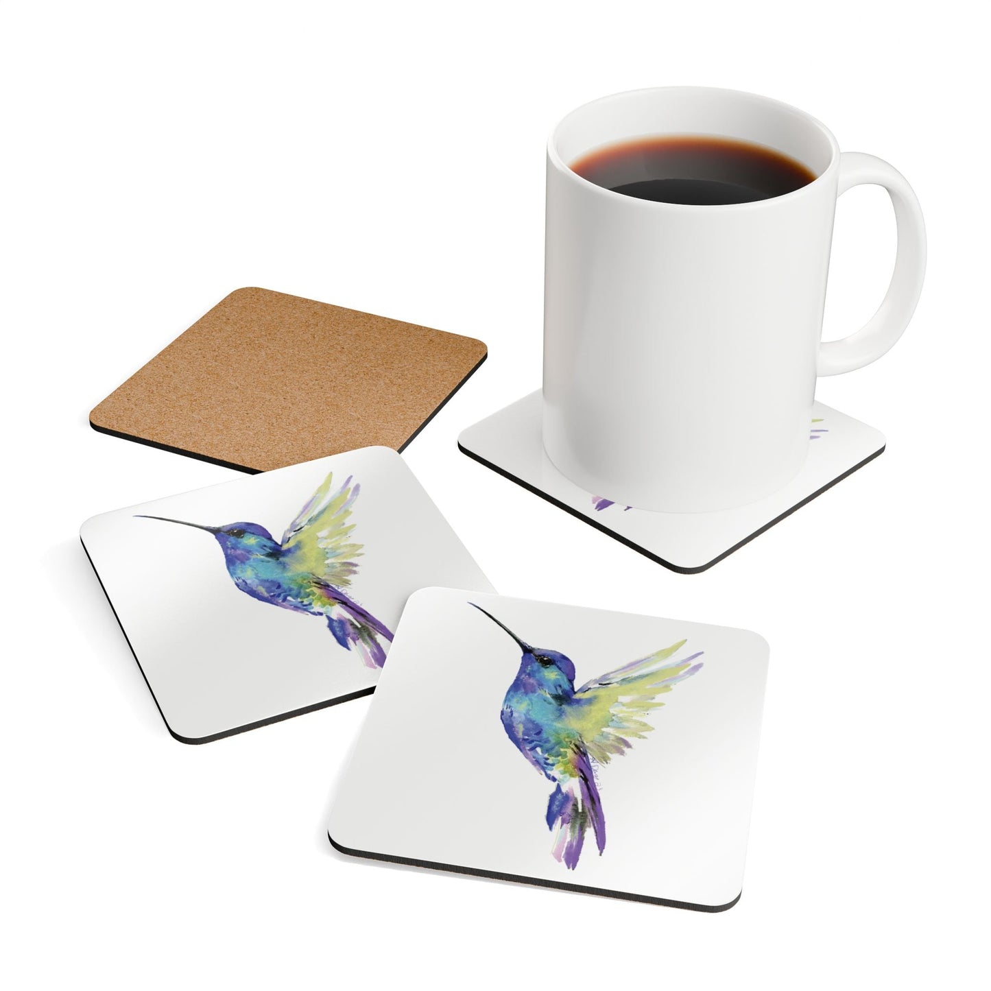 Vibrant Hummingbird Cork Coaster Set - Eco - Friendly Drinkware Decor - Blue Cava