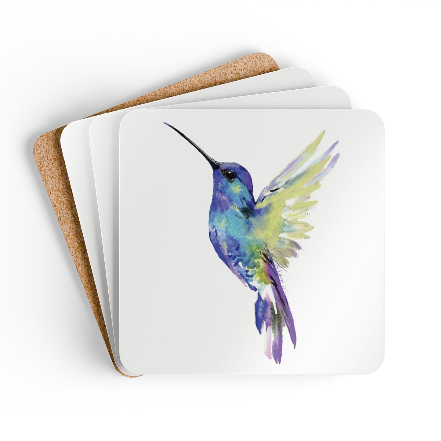 Vibrant Hummingbird Cork Coaster Set - Eco - Friendly Drinkware Decor - Blue Cava