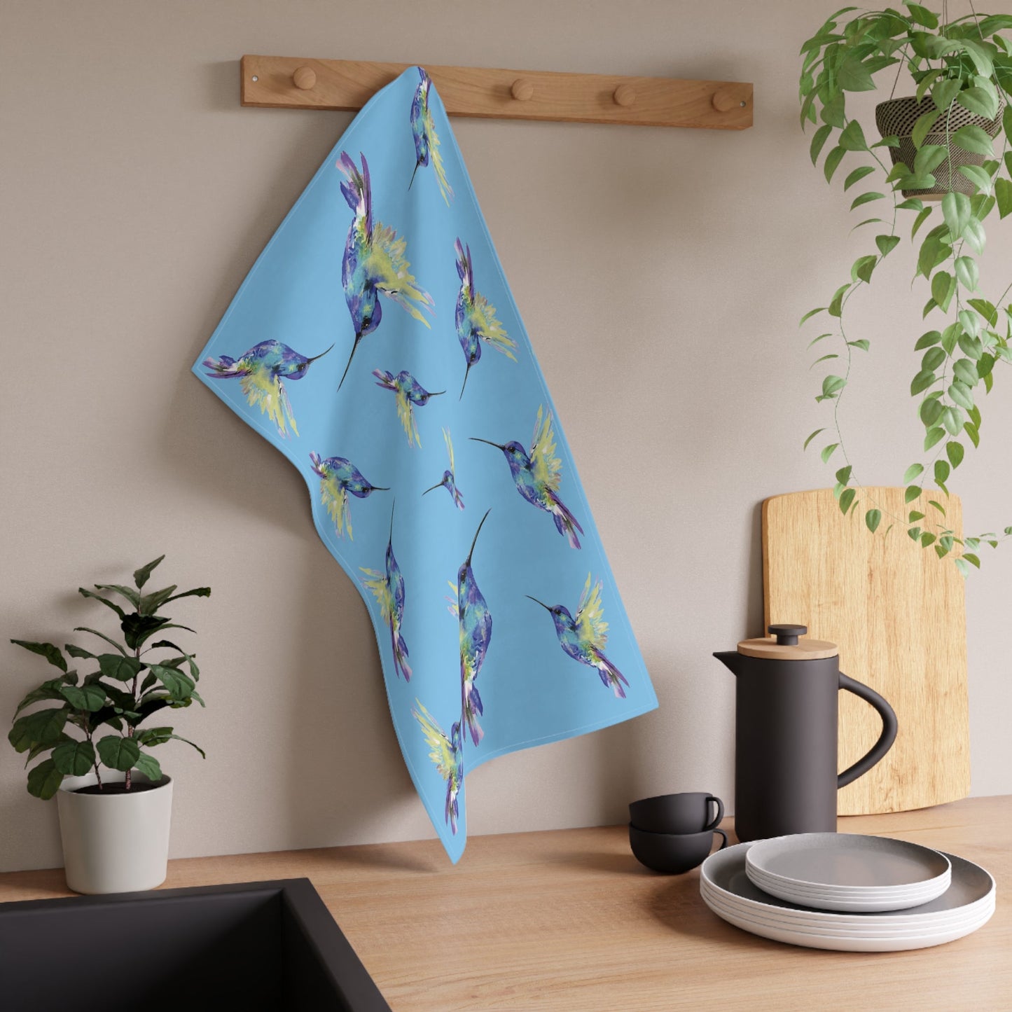 Vibrant Hummingbird Kitchen Tea Towels - Blue Cava
