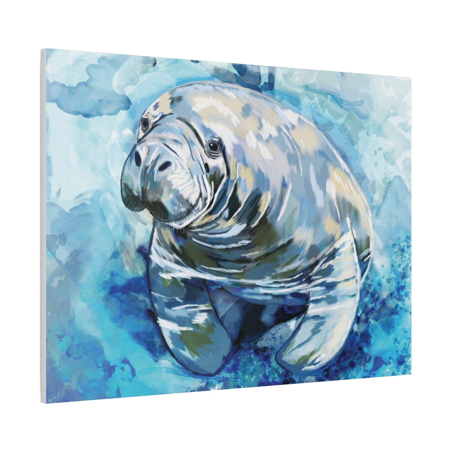Watercolor Manatee Canvas Art - Beach House Decor - Blue Cava