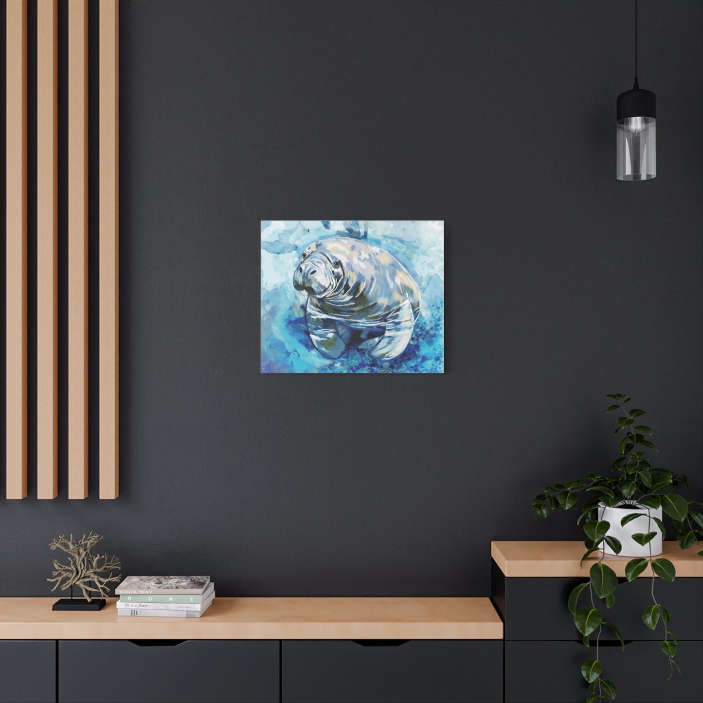 Watercolor Manatee Canvas Art - Beach House Decor - Blue Cava