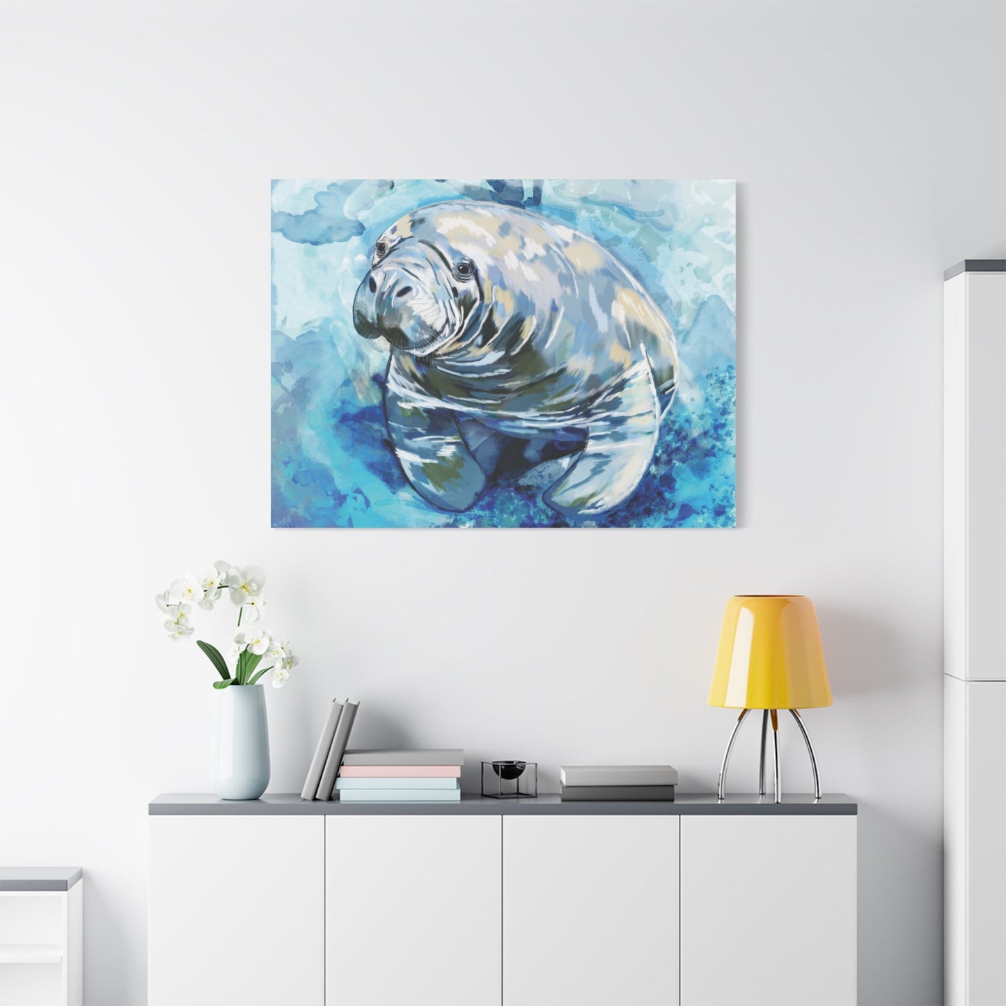 Watercolor Manatee Canvas Art - Beach House Decor - Blue Cava