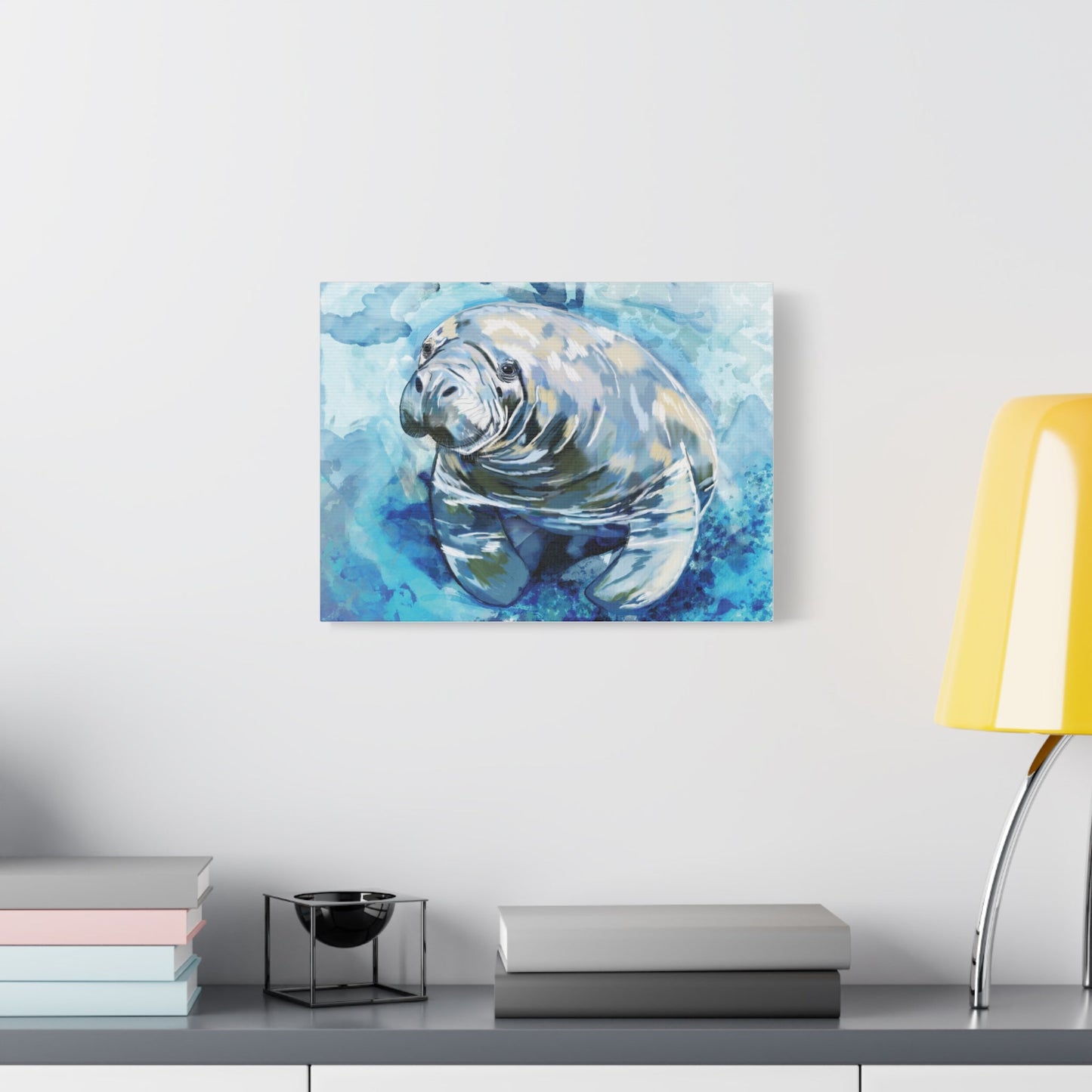 Watercolor Manatee Canvas Art - Beach House Decor - Blue Cava