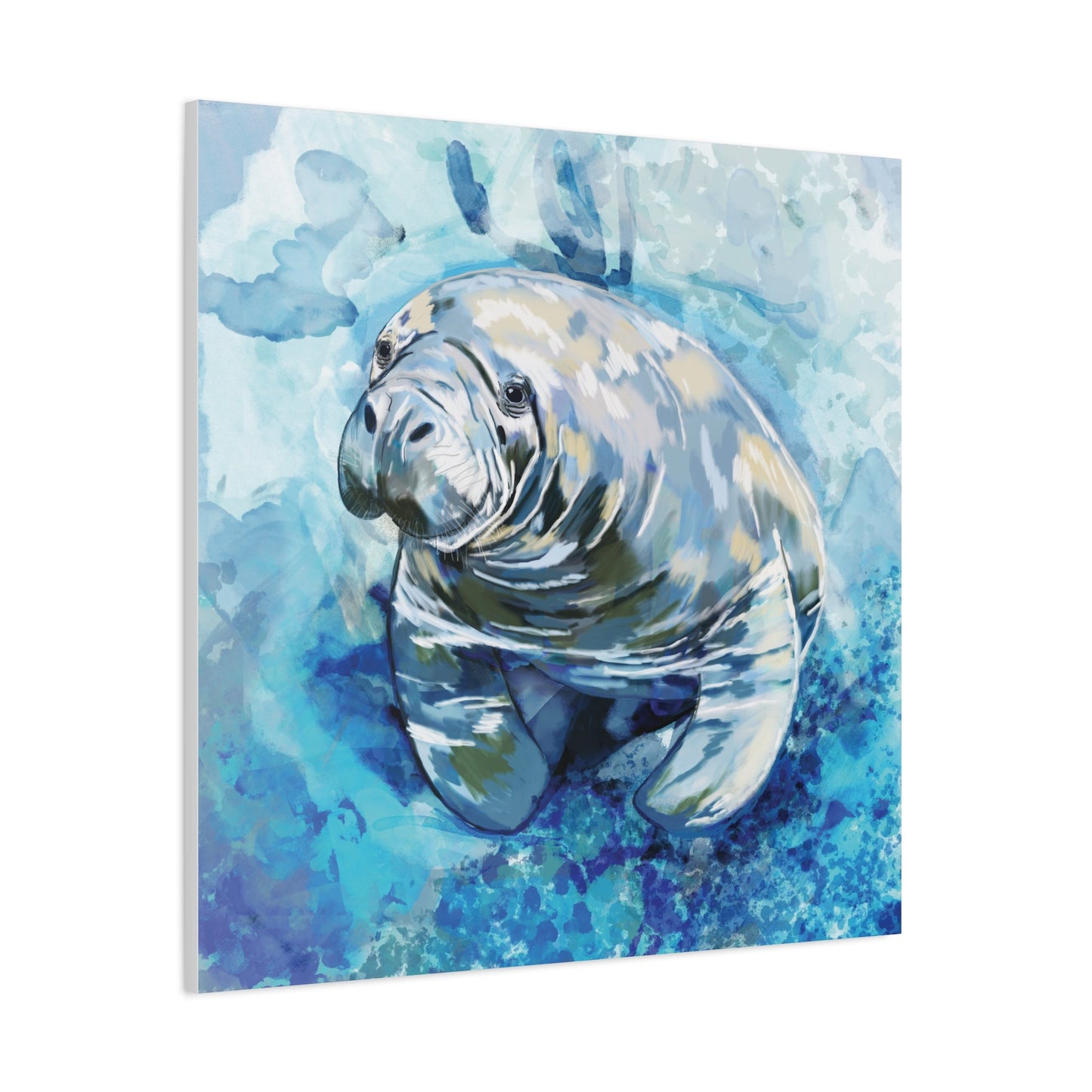 Watercolor Manatee Canvas Art - Beach House Decor - Blue Cava