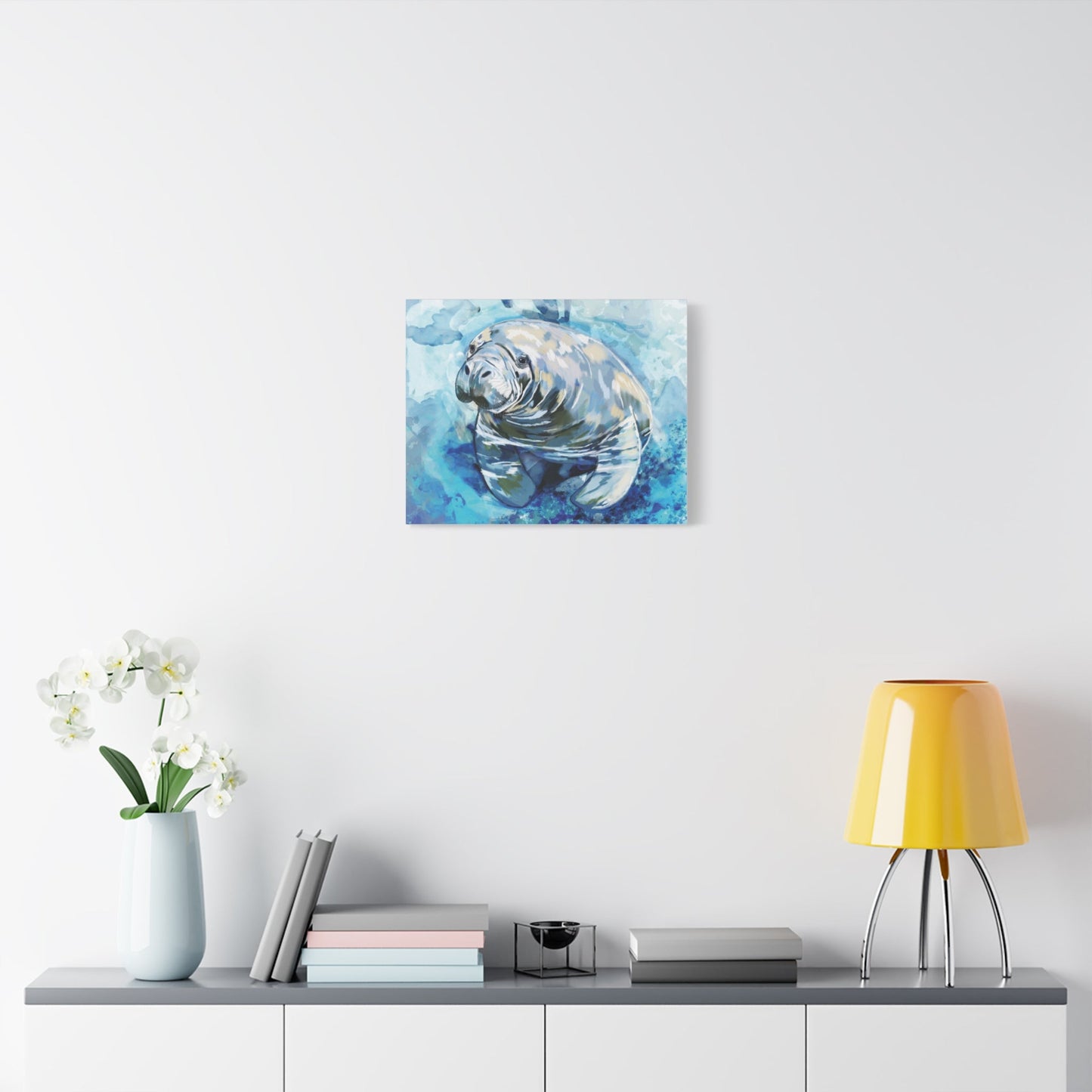 Watercolor Manatee Canvas Art - Beach House Decor - Blue Cava