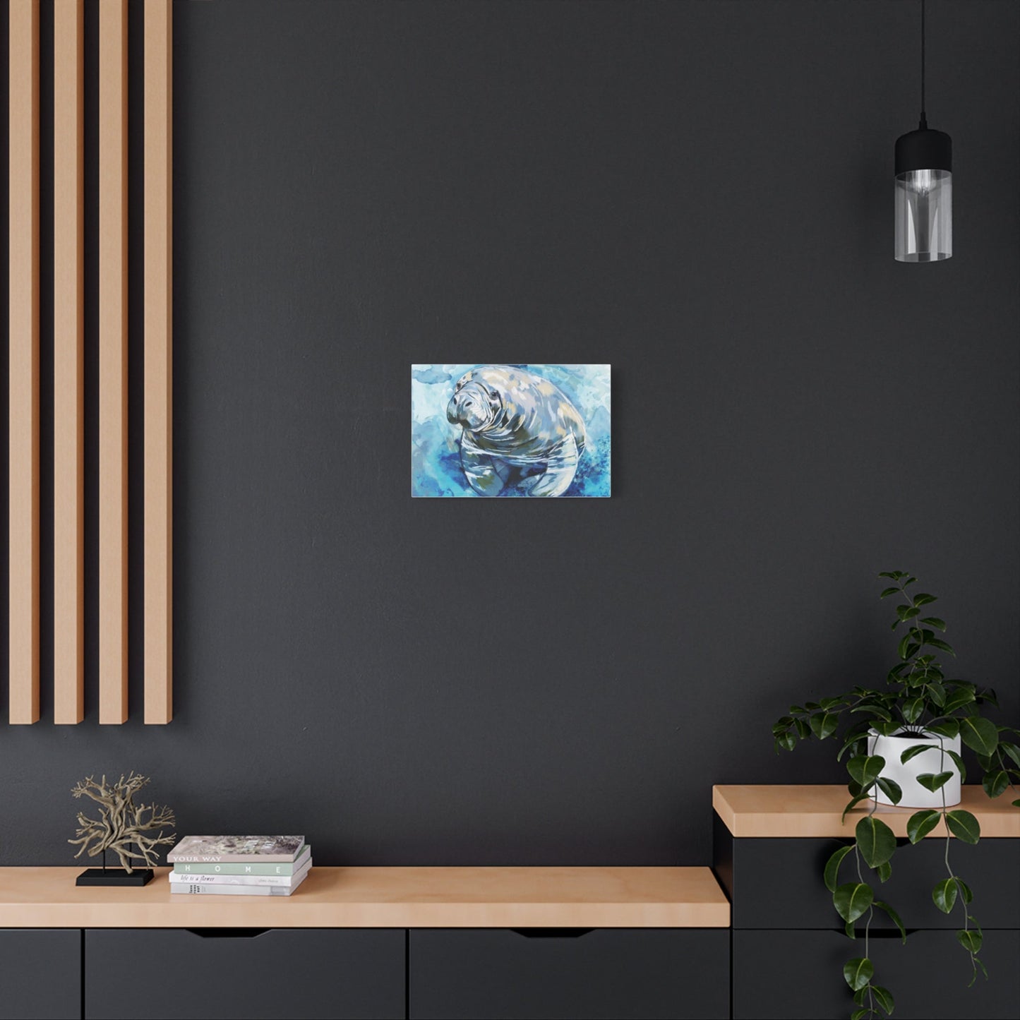 Watercolor Manatee Canvas Art - Beach House Decor - Blue Cava