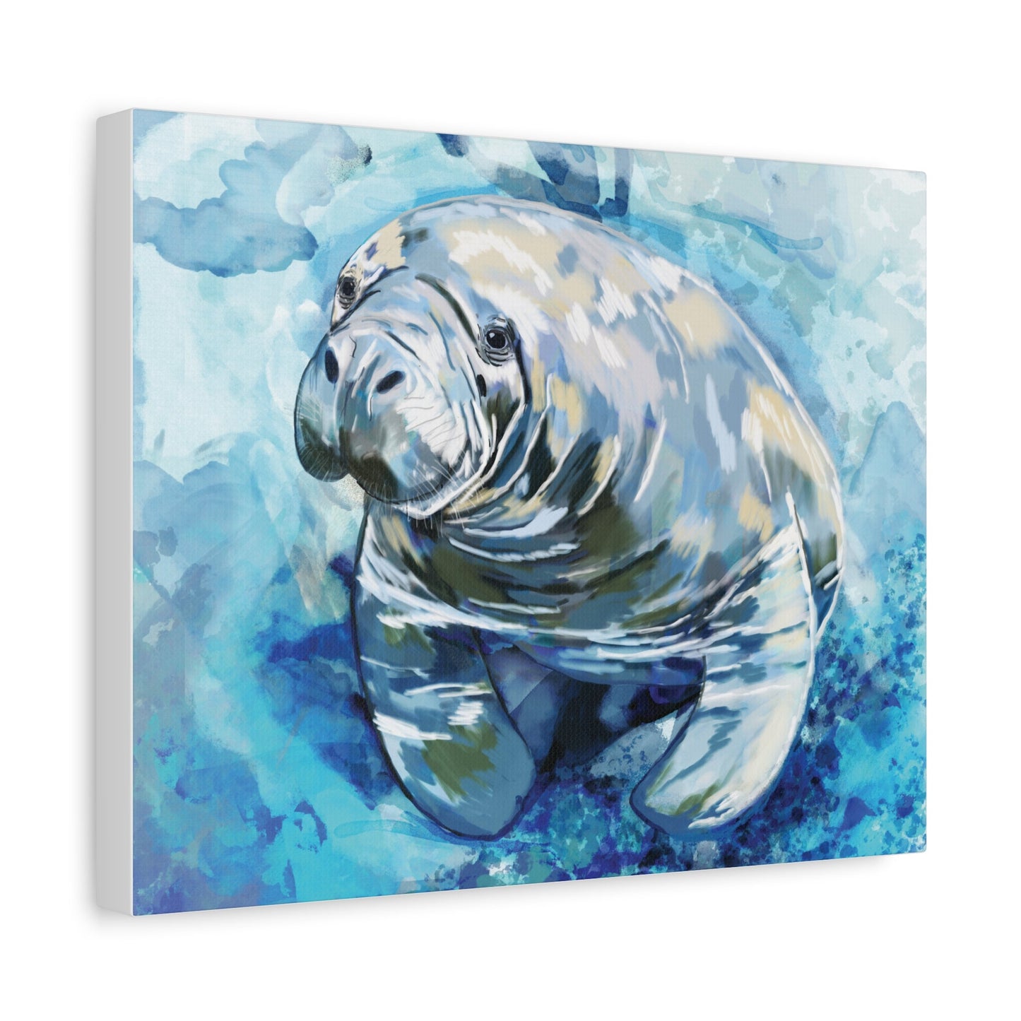 Watercolor Manatee Canvas Art - Beach House Decor - Blue Cava