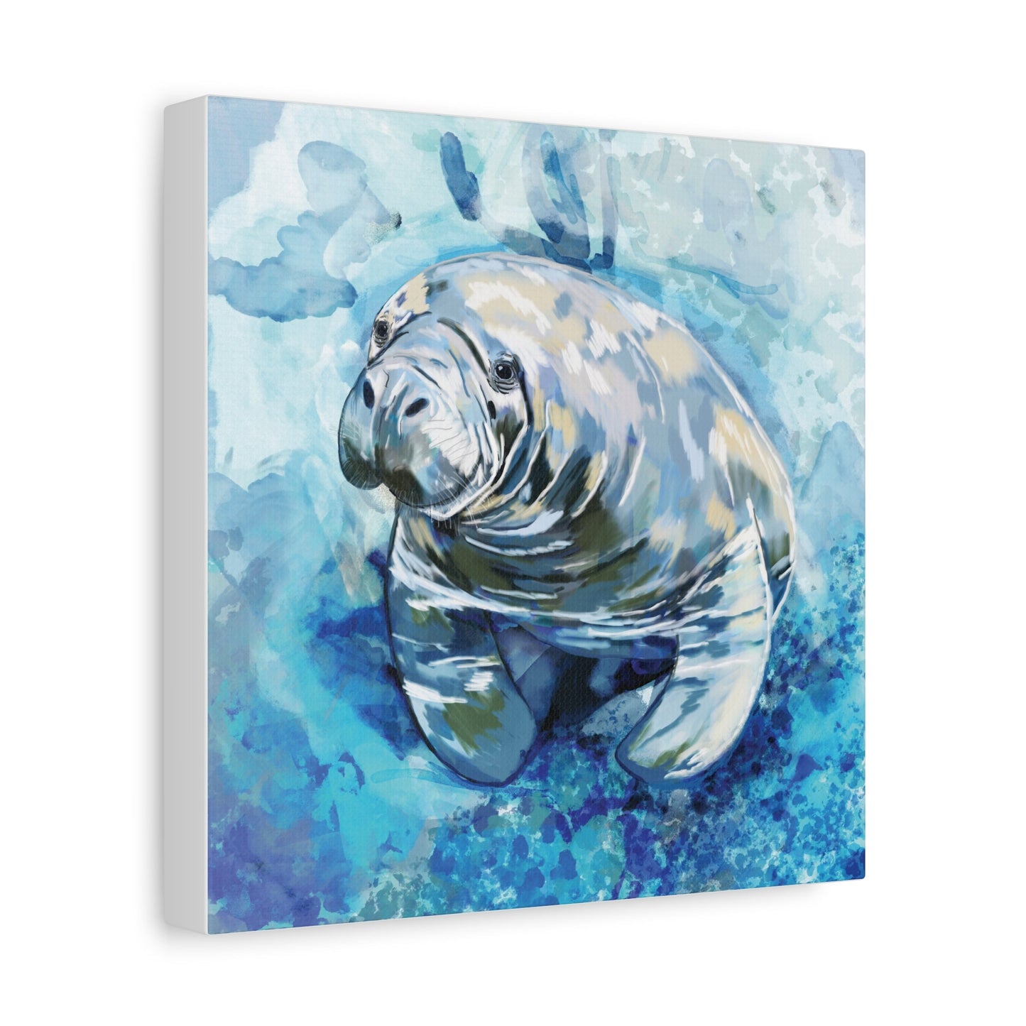 Watercolor Manatee Canvas Art - Beach House Decor - Blue Cava