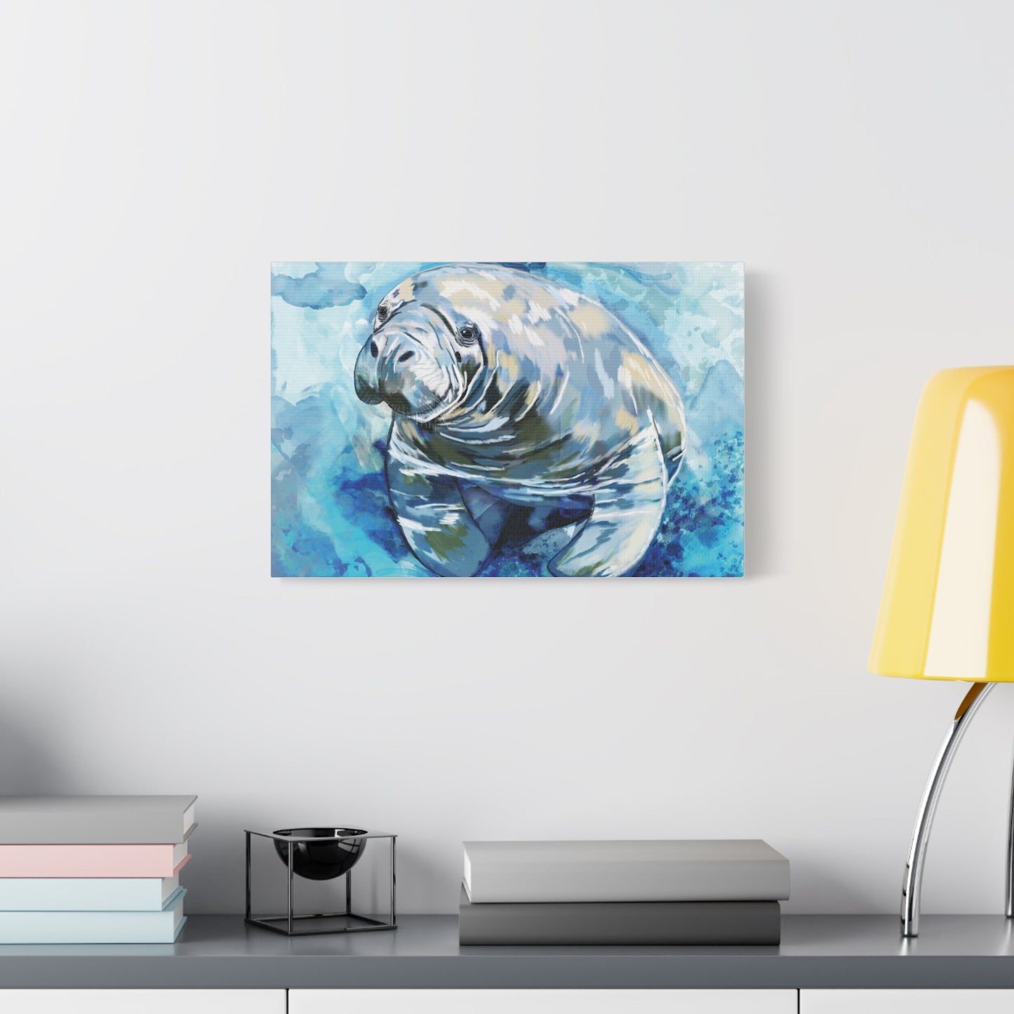 Watercolor Manatee Canvas Art - Beach House Decor - Blue Cava