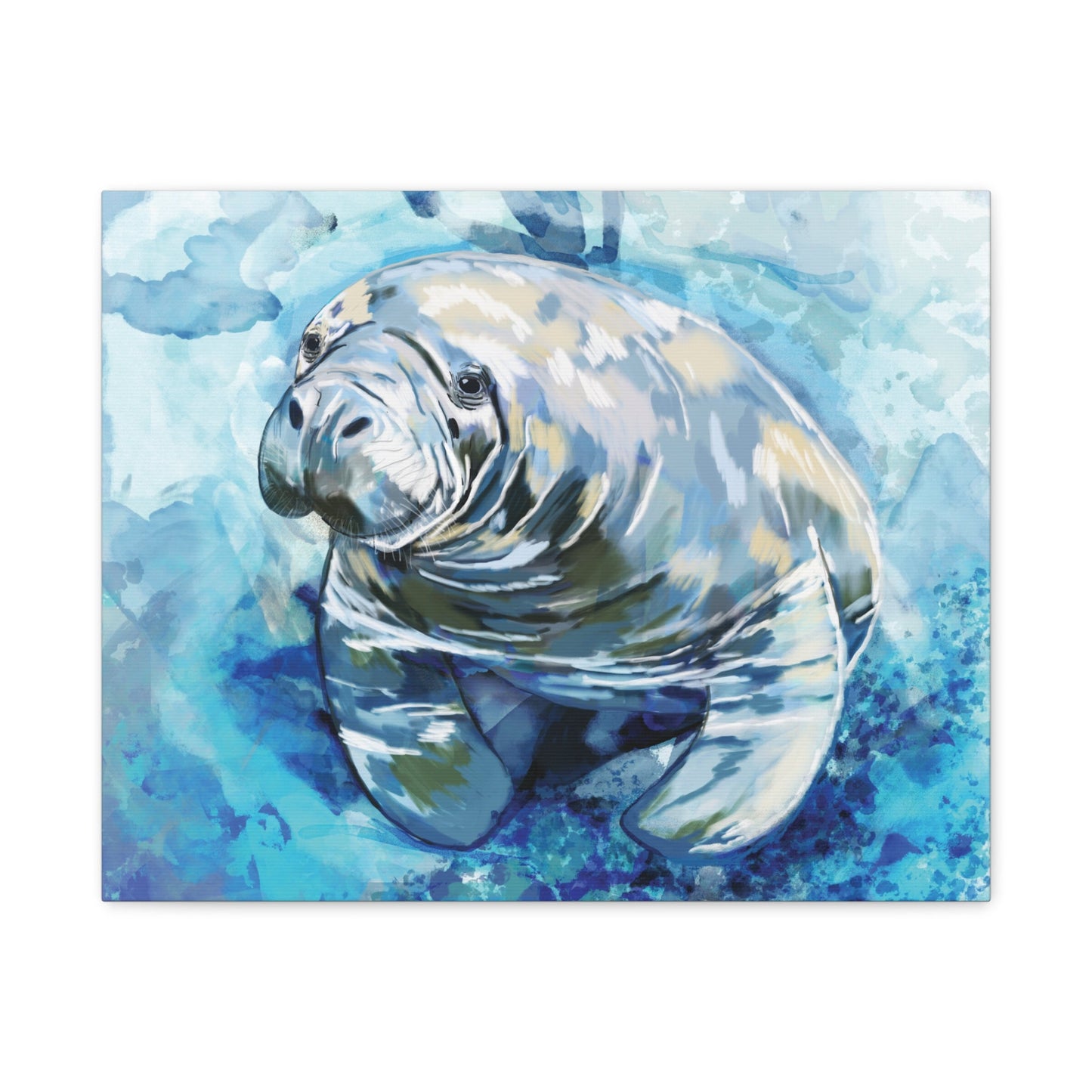 Watercolor Manatee Canvas Art - Beach House Decor - Blue Cava