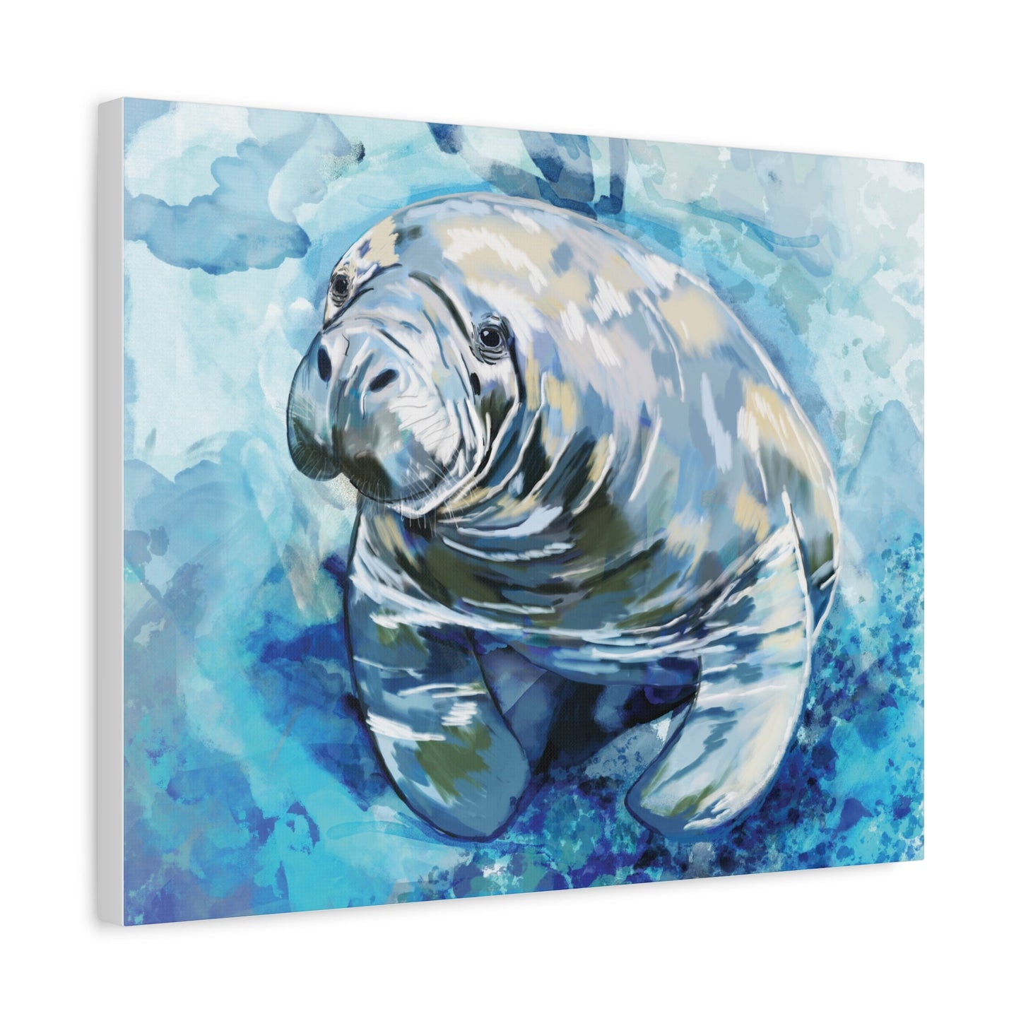 Watercolor Manatee Canvas Art - Beach House Decor - Blue Cava