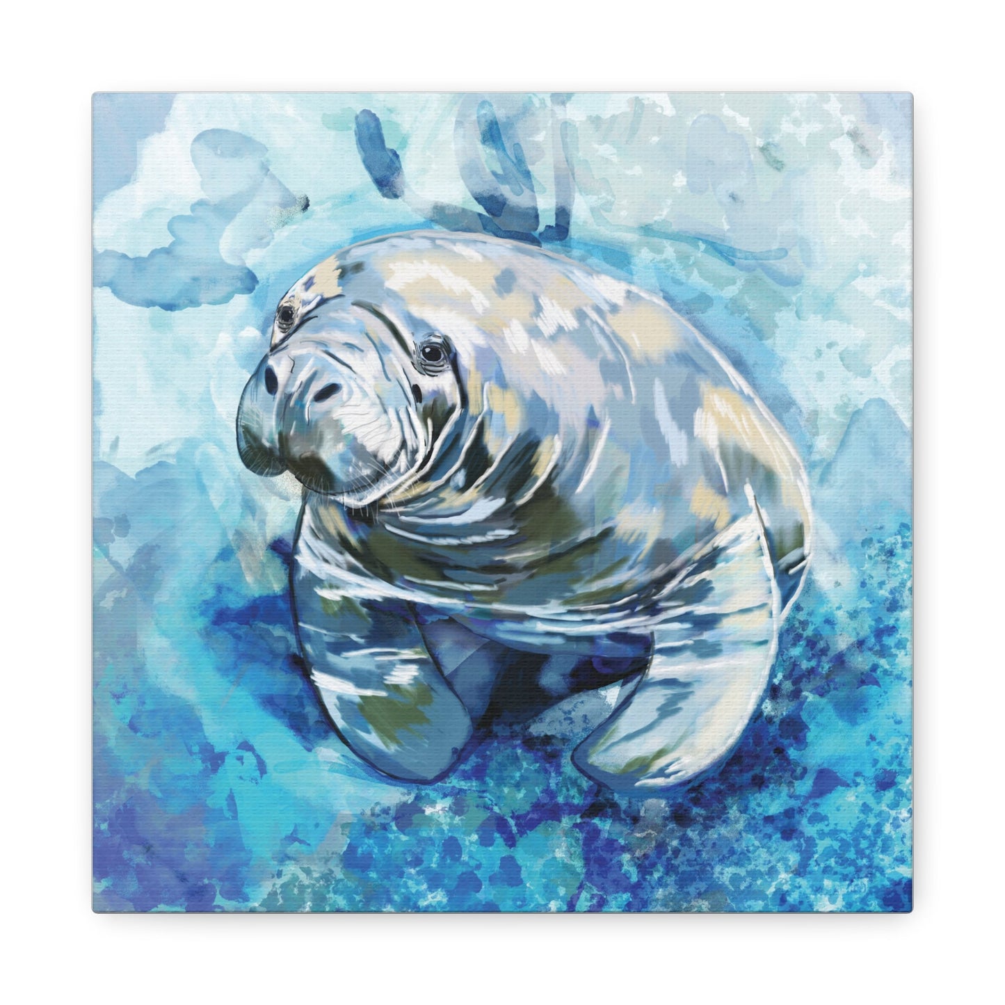 Watercolor Manatee Canvas Art - Beach House Decor - Blue Cava