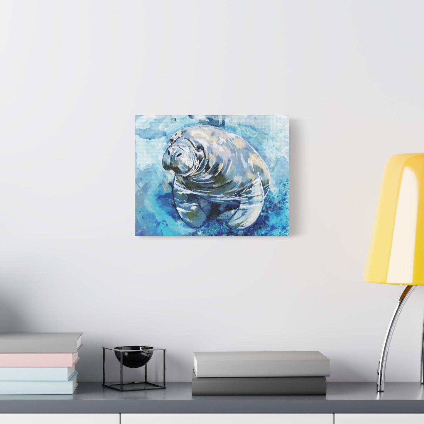 Watercolor Manatee Canvas Art - Beach House Decor - Blue Cava
