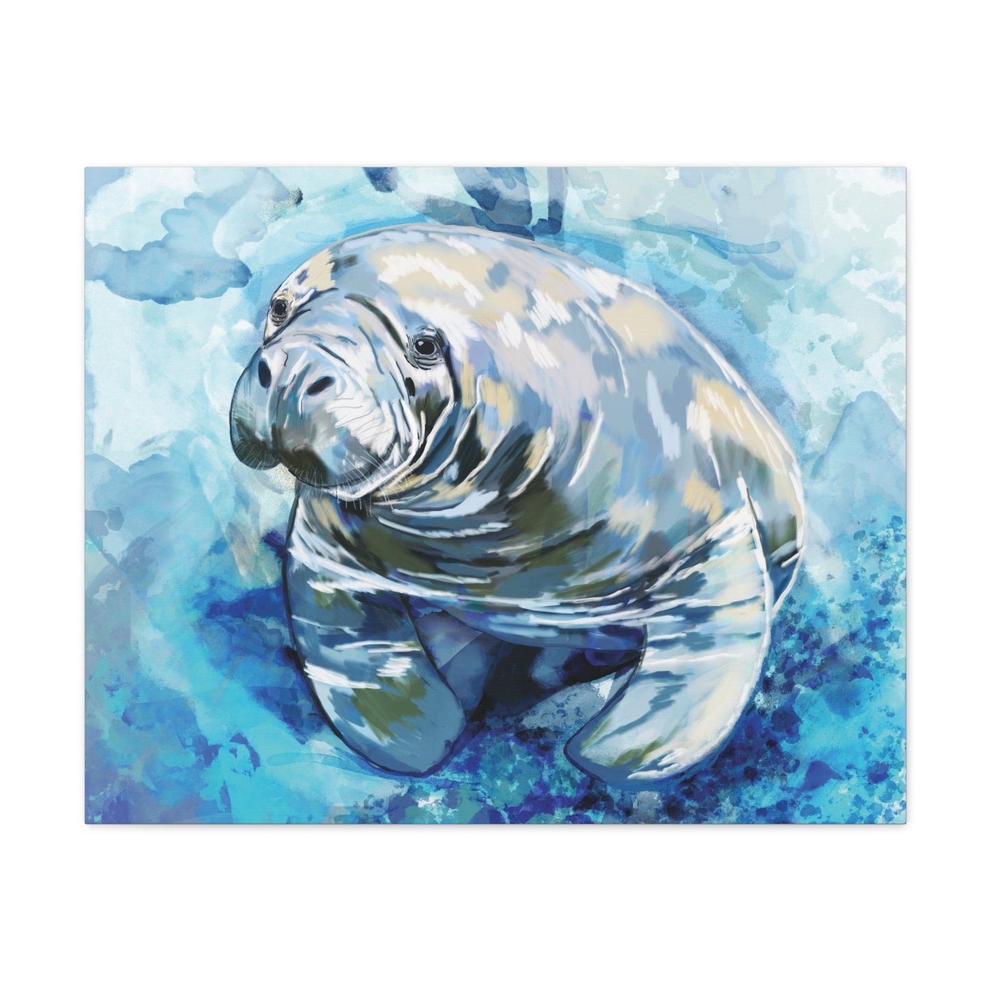 Watercolor Manatee Canvas Art - Beach House Decor - Blue Cava