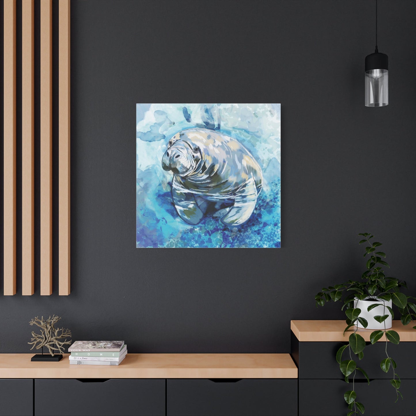 Watercolor Manatee Canvas Art - Beach House Decor - Blue Cava