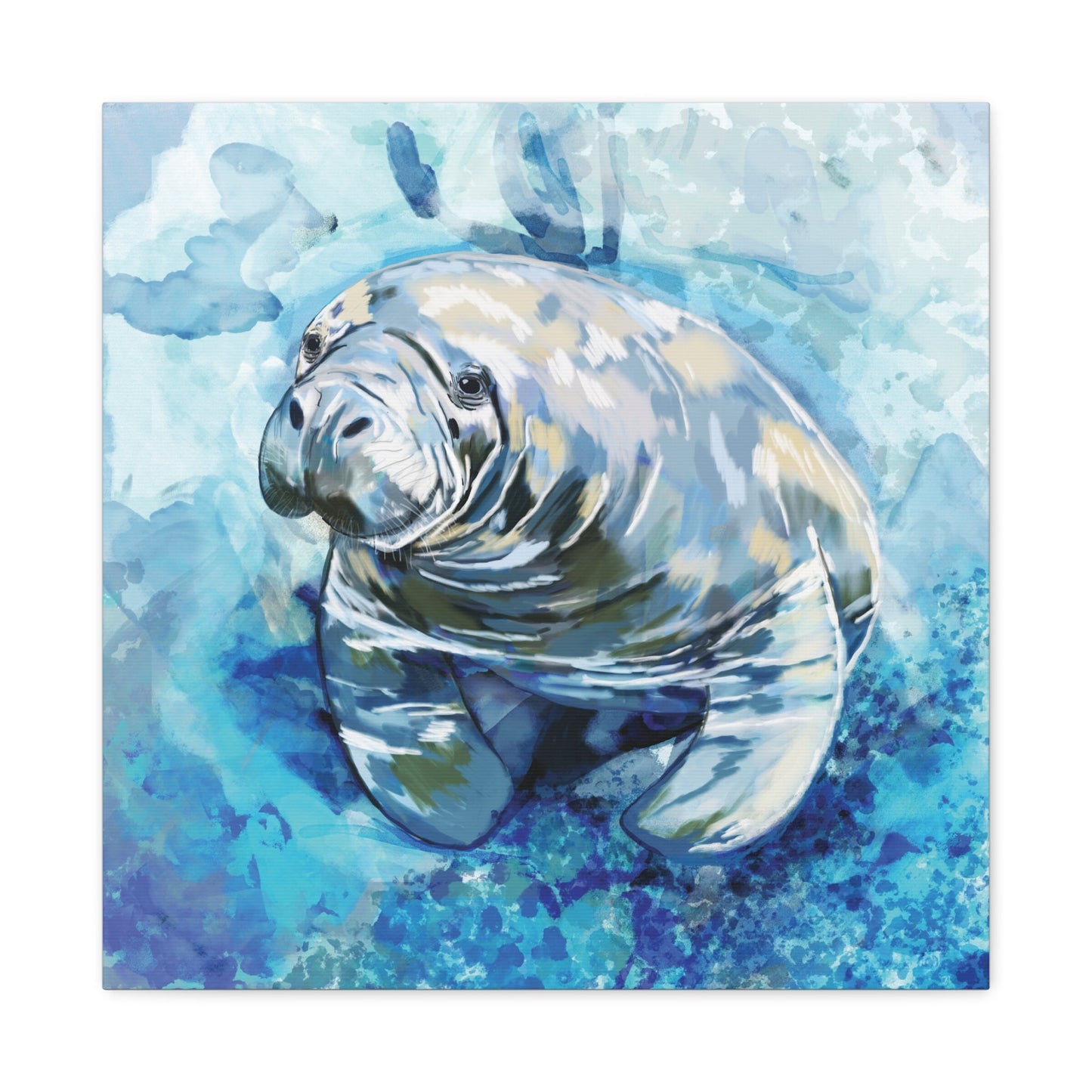 Watercolor Manatee Canvas Art - Beach House Decor - Blue Cava