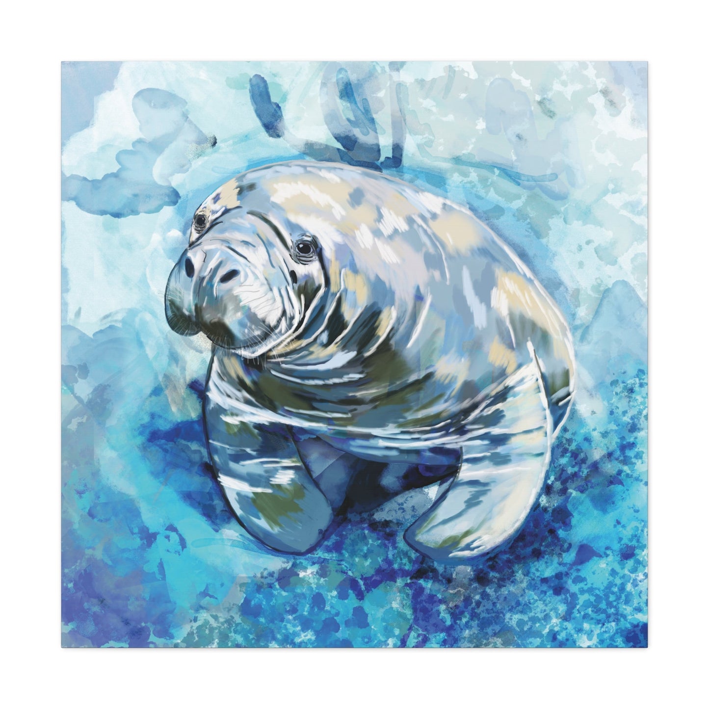 Watercolor Manatee Canvas Art - Beach House Decor - Blue Cava