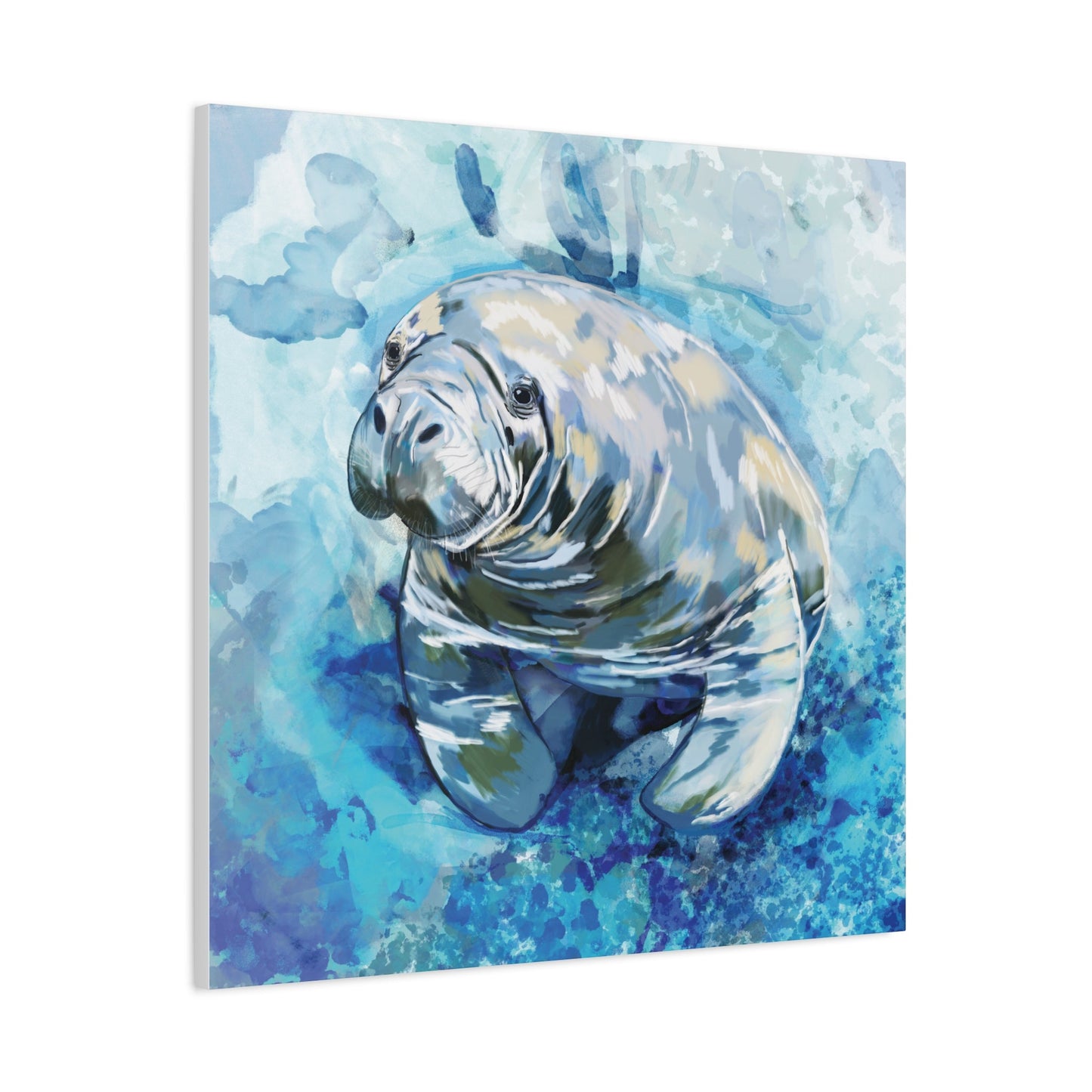 Watercolor Manatee Canvas Art - Beach House Decor - Blue Cava