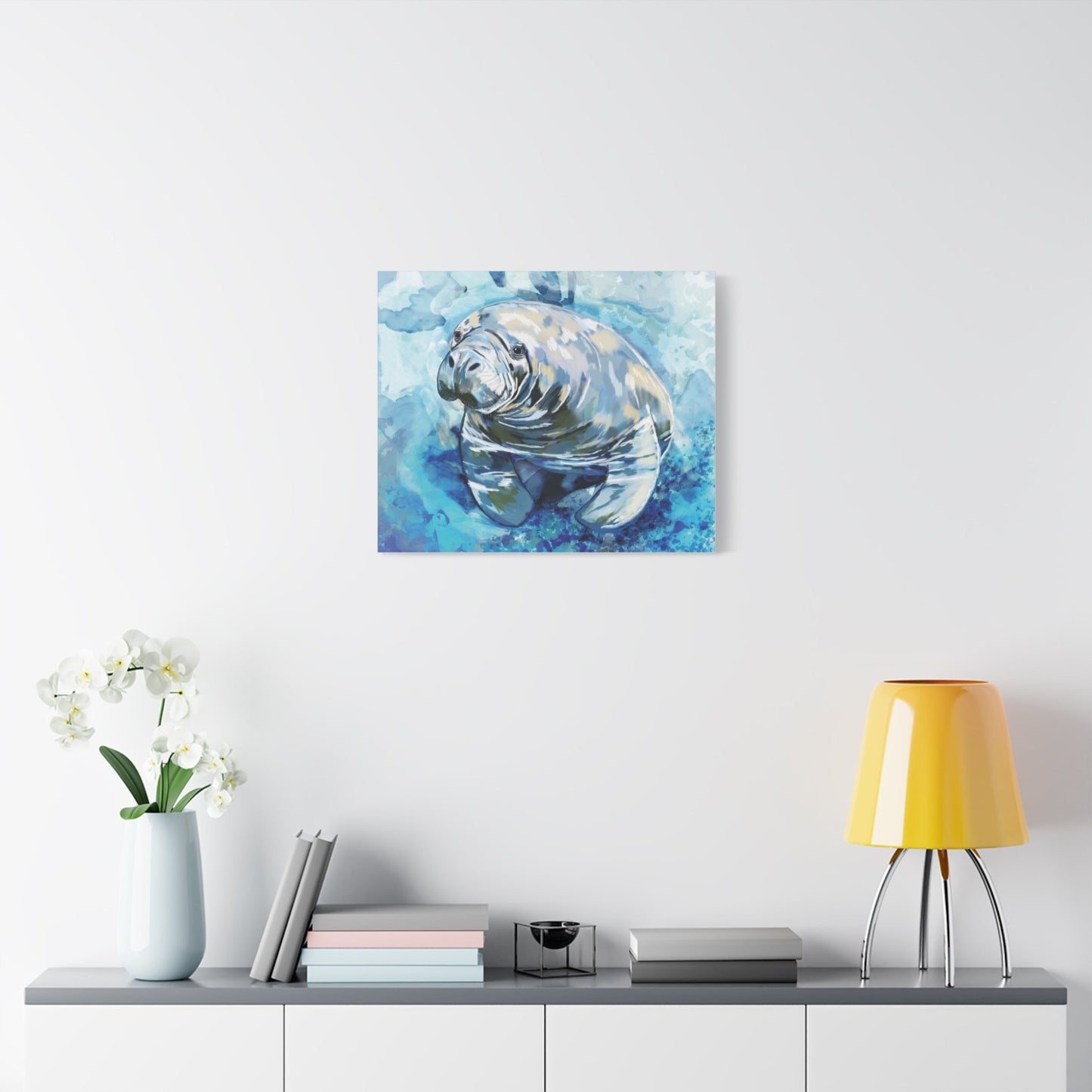 Watercolor Manatee Canvas Art - Beach House Decor - Blue Cava
