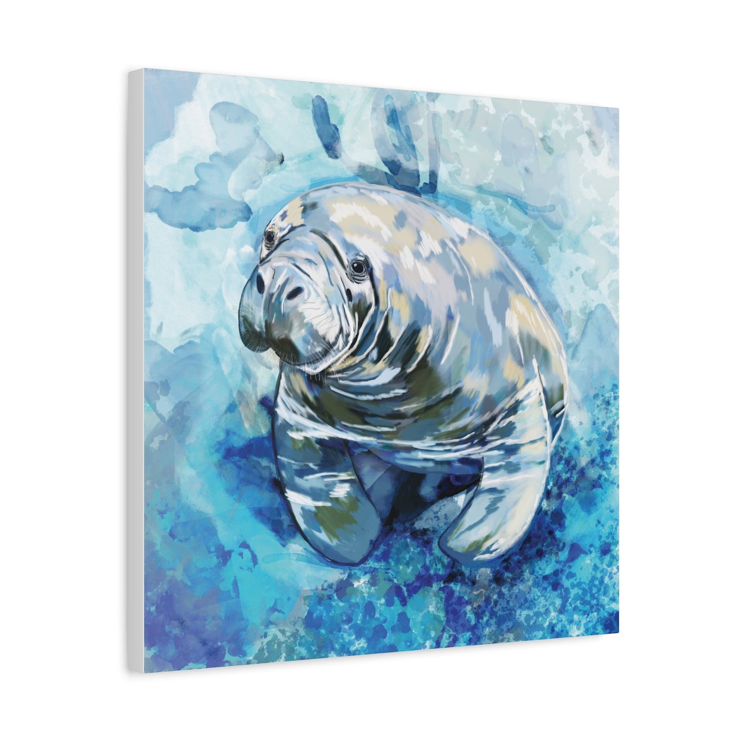 Watercolor Manatee Canvas Art - Beach House Decor - Blue Cava
