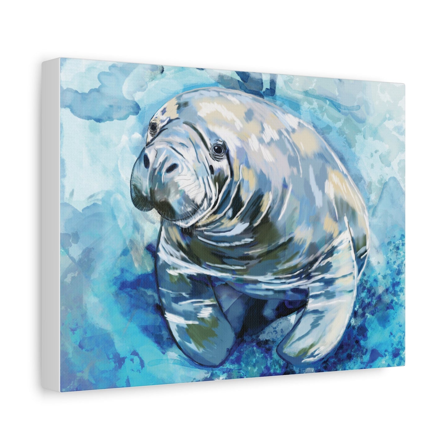 Watercolor Manatee Canvas Art - Beach House Decor - Blue Cava