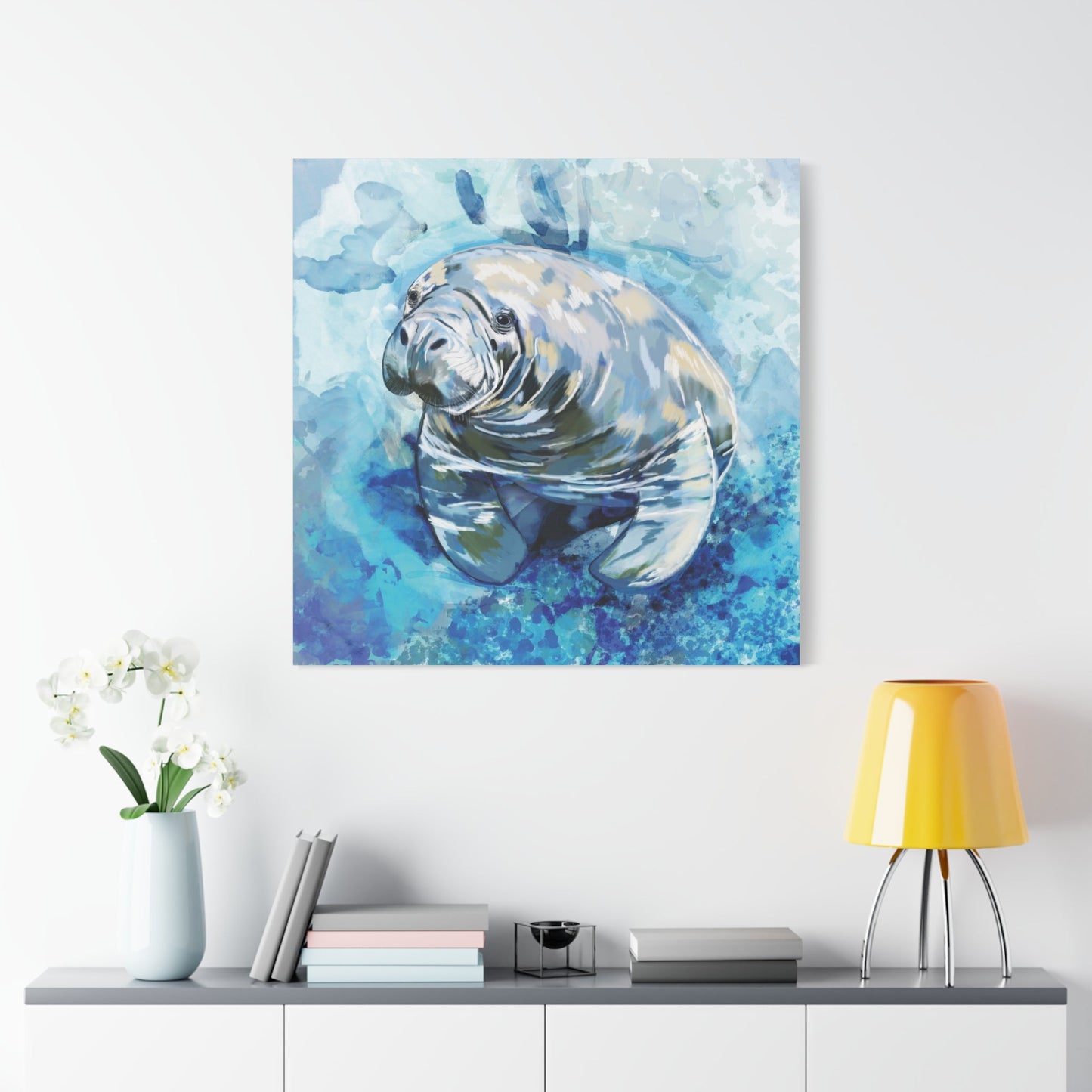 Watercolor Manatee Canvas Art - Beach House Decor - Blue Cava