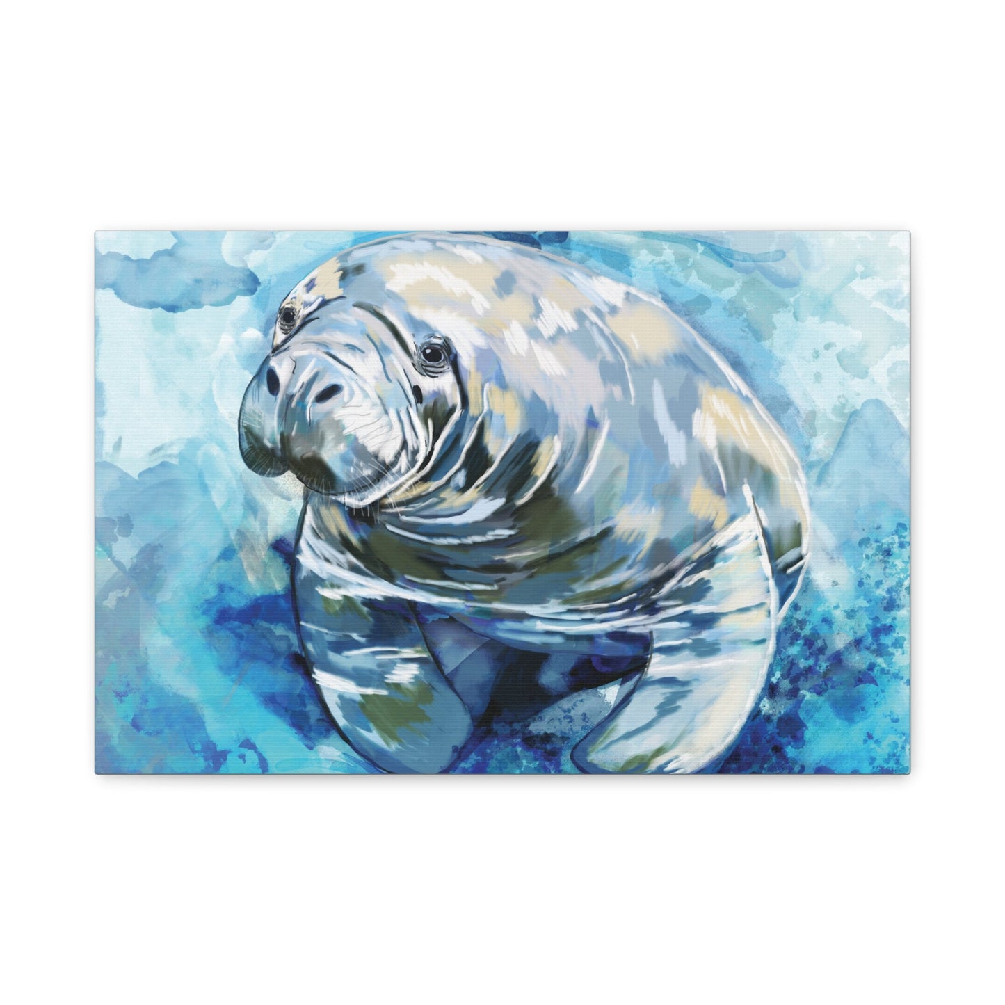 Watercolor Manatee Canvas Art - Beach House Decor - Blue Cava