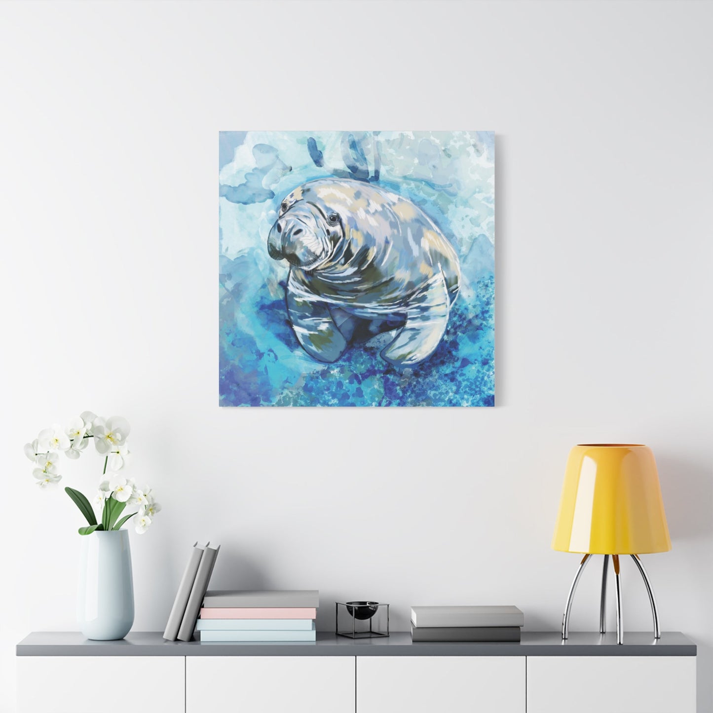 Watercolor Manatee Canvas Art - Beach House Decor - Blue Cava