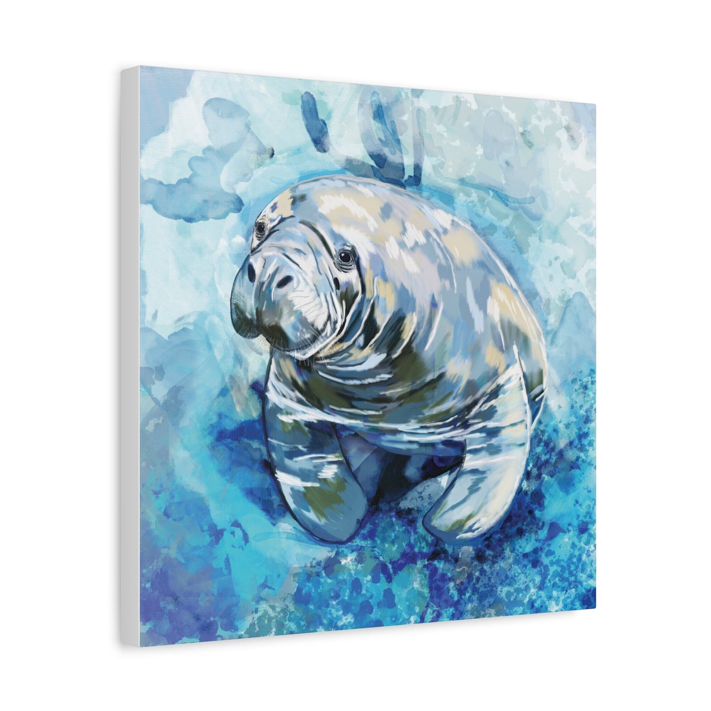 Watercolor Manatee Canvas Art - Beach House Decor - Blue Cava