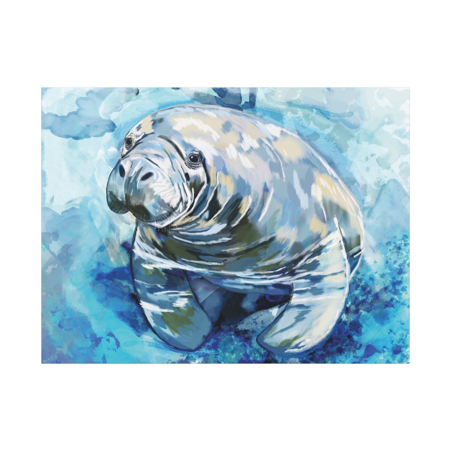 Watercolor Manatee Canvas Art - Beach House Decor - Blue Cava
