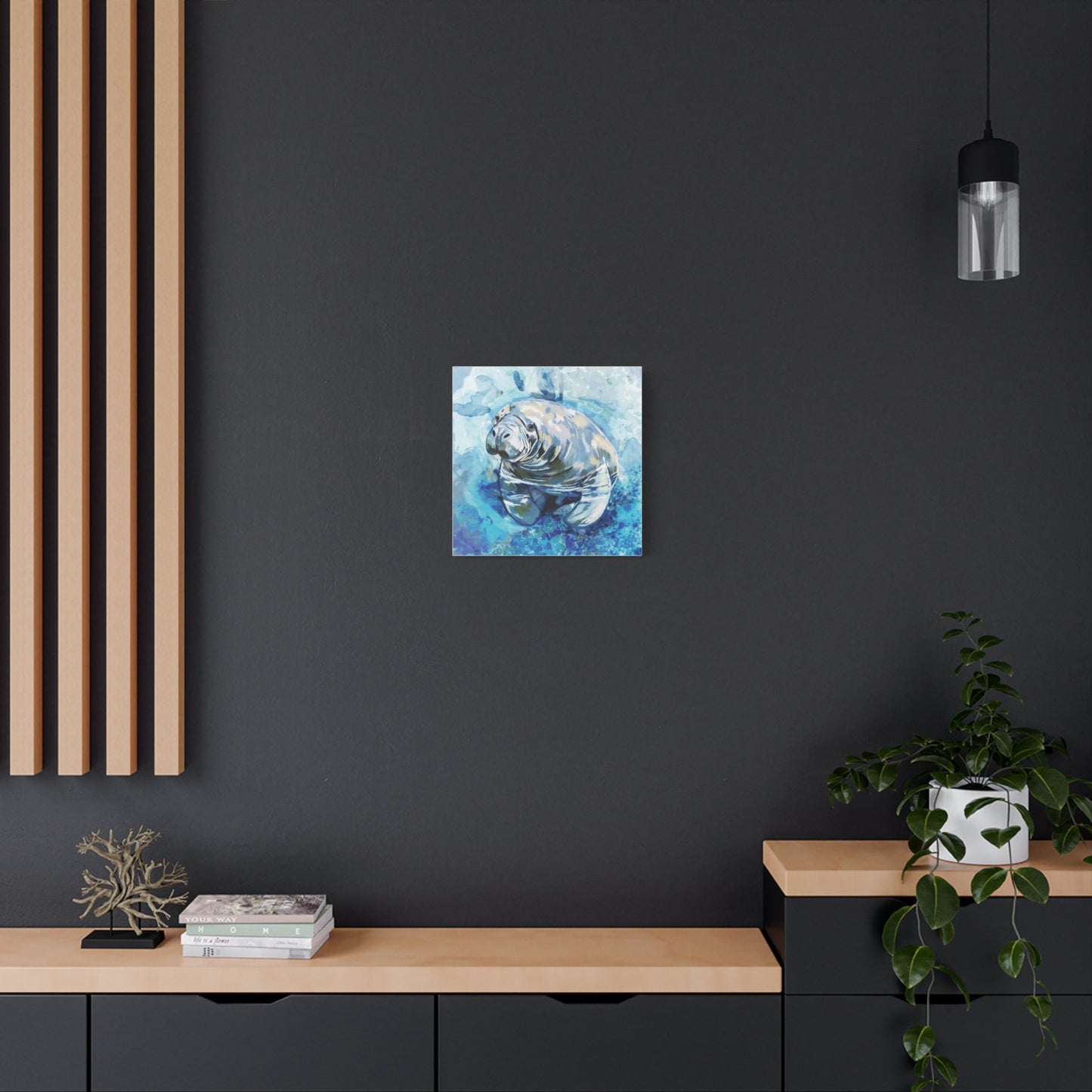Watercolor Manatee Canvas Art - Beach House Decor - Blue Cava